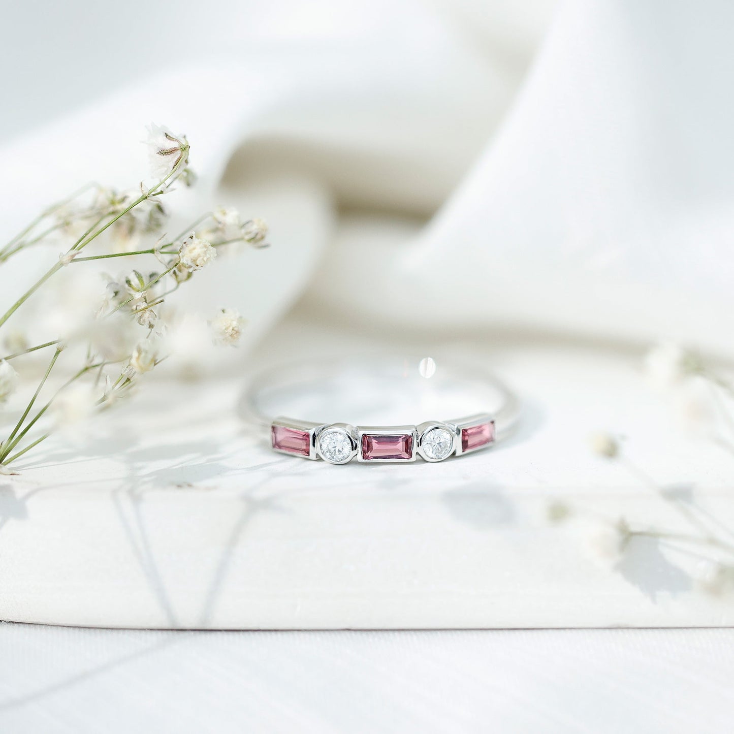 Pink Tourmaline and Diamond Stackable Ring in Bezel Setting