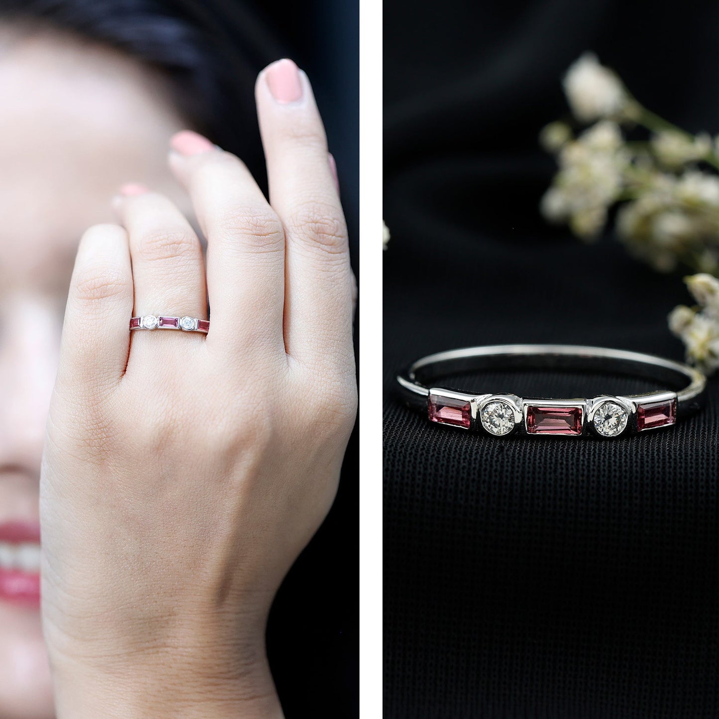 Pink Tourmaline and Diamond Stackable Ring in Bezel Setting