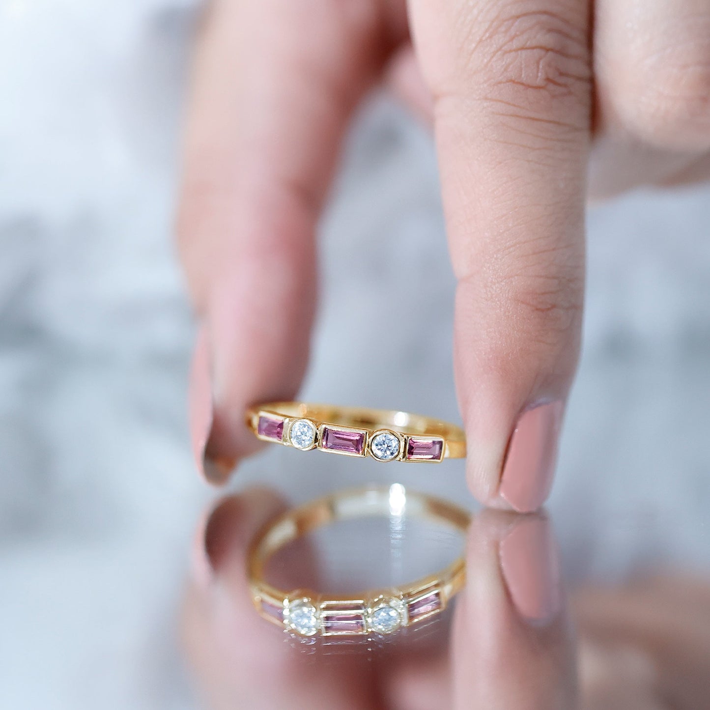 Pink Tourmaline and Diamond Stackable Ring in Bezel Setting