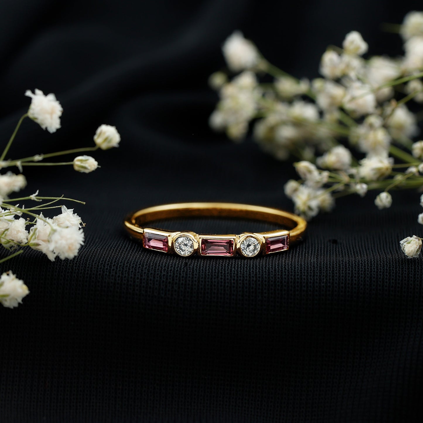 Pink Tourmaline and Diamond Stackable Ring in Bezel Setting