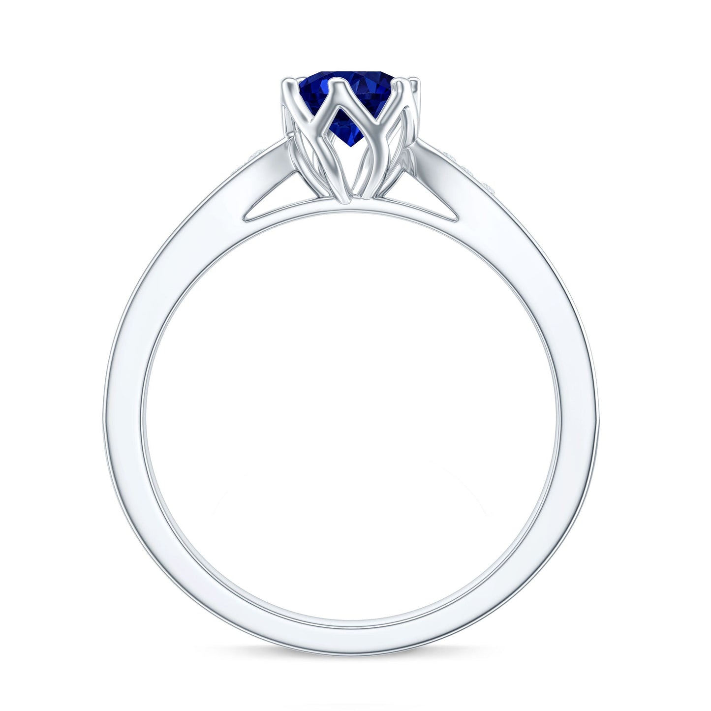 Certified Lab Created Blue Sapphire Minimal Engagement Ring with Diamond Side Stones