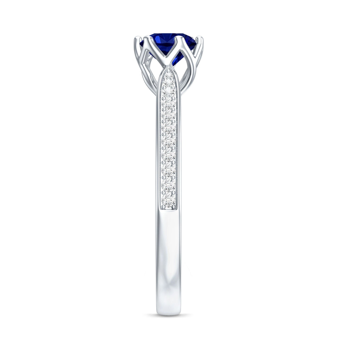 Certified Lab Created Blue Sapphire Minimal Engagement Ring with Diamond Side Stones