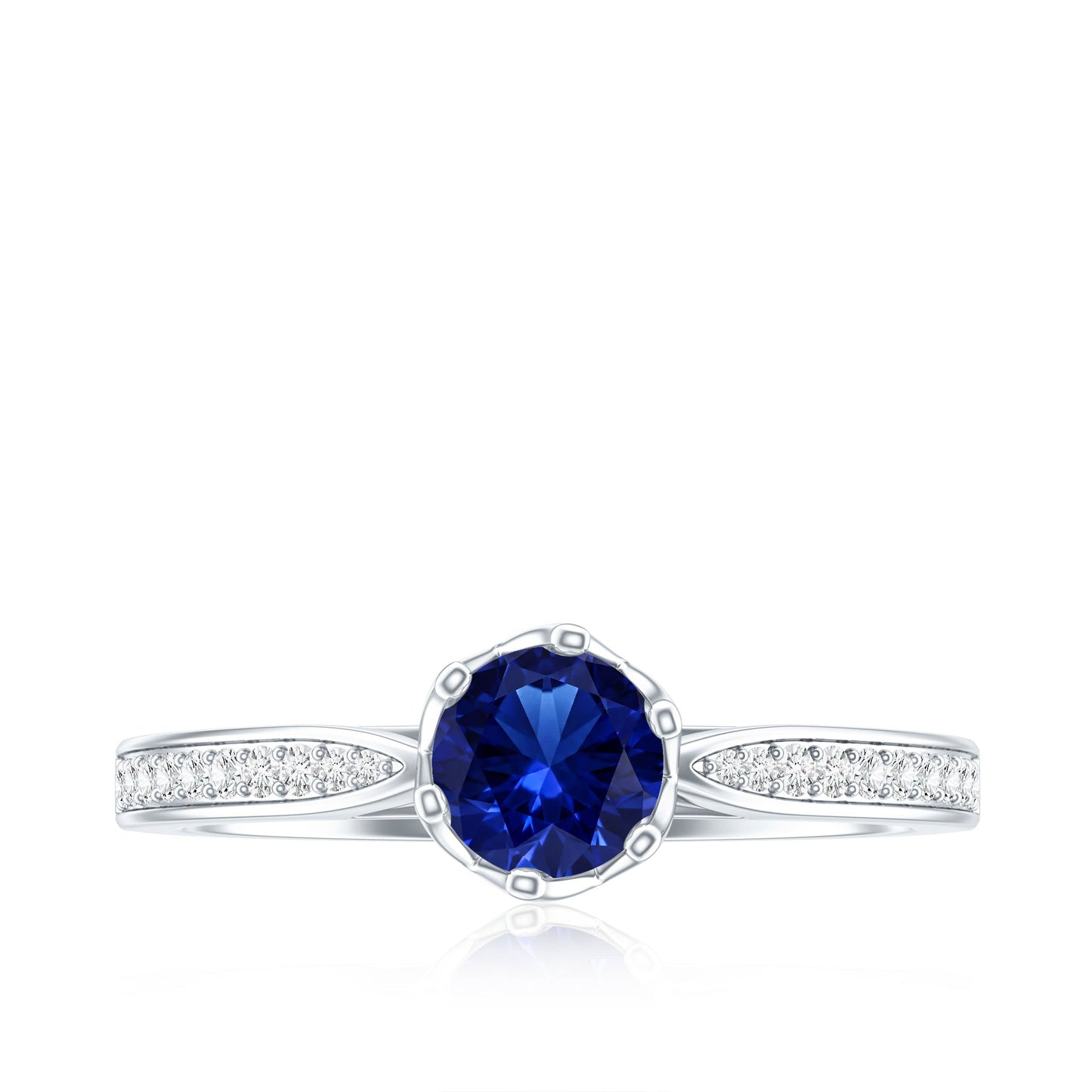 Certified Lab Created Blue Sapphire Minimal Engagement Ring with Diamond Side Stones