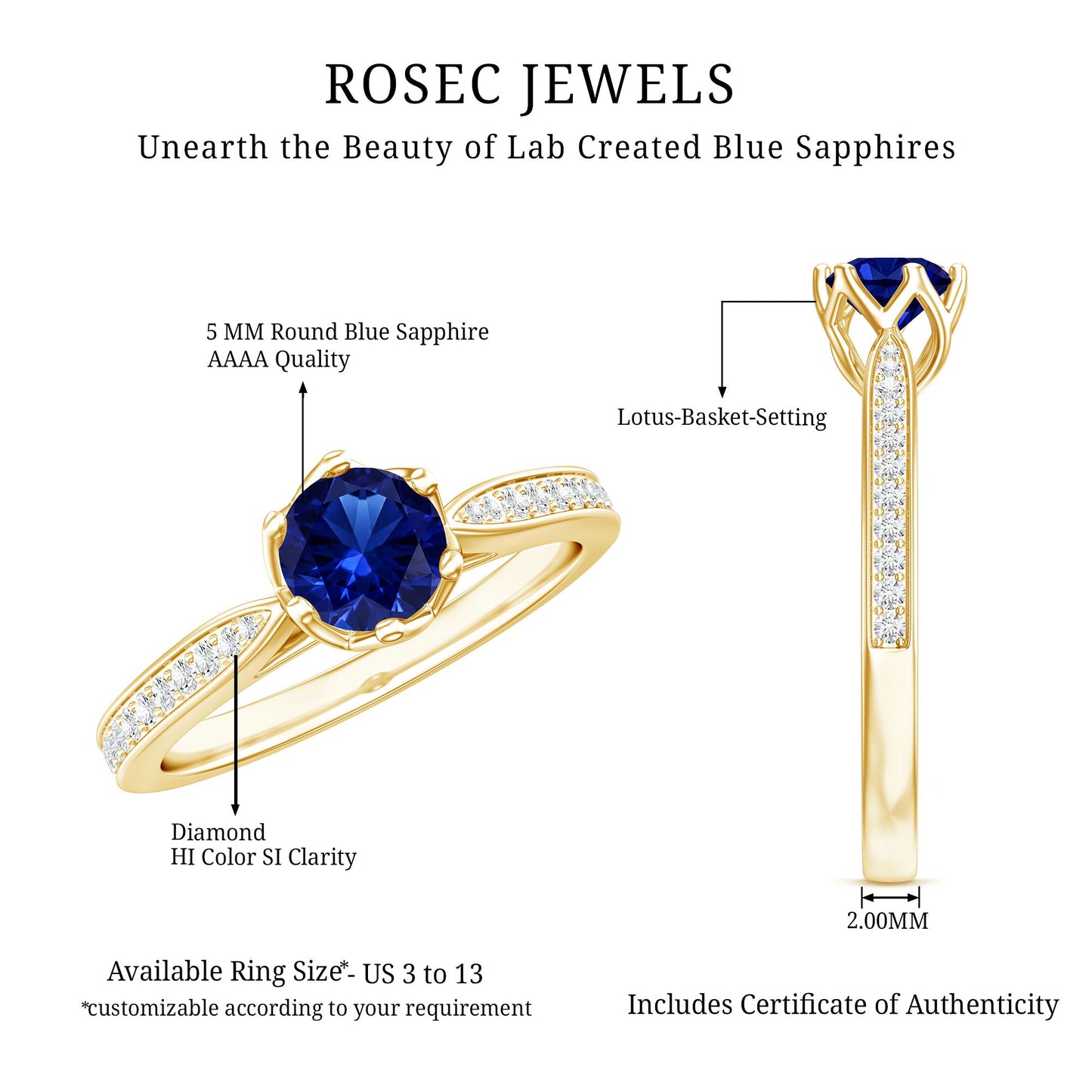 Certified Lab Created Blue Sapphire Minimal Engagement Ring with Diamond Side Stones
