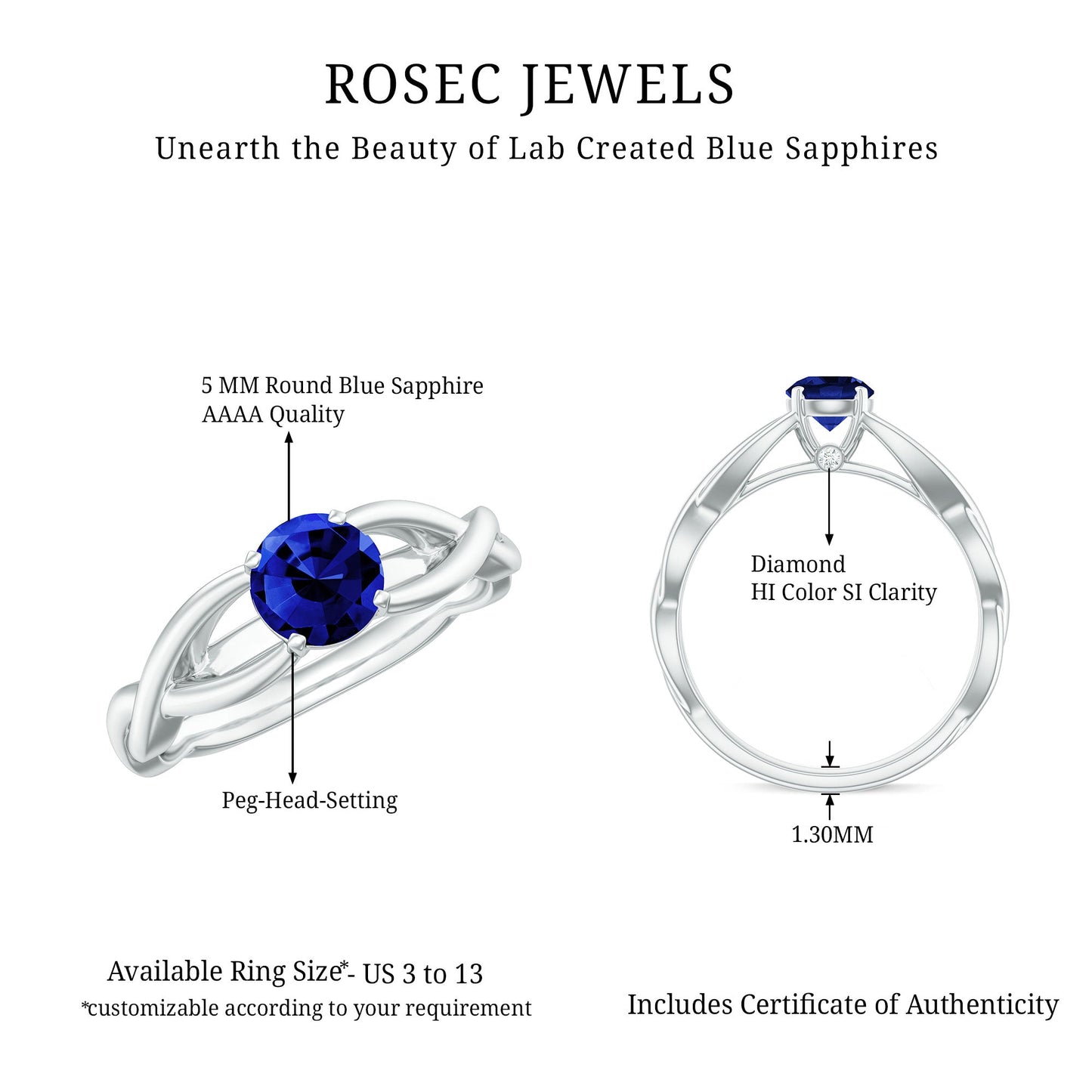 Certified 0.6 Carat Lab Grown Blue Sapphire Promise Ring with Surprise Diamond