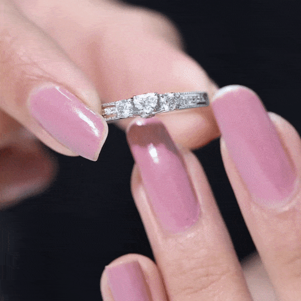 Natural Diamond Three Stone Ring with Beaded Details