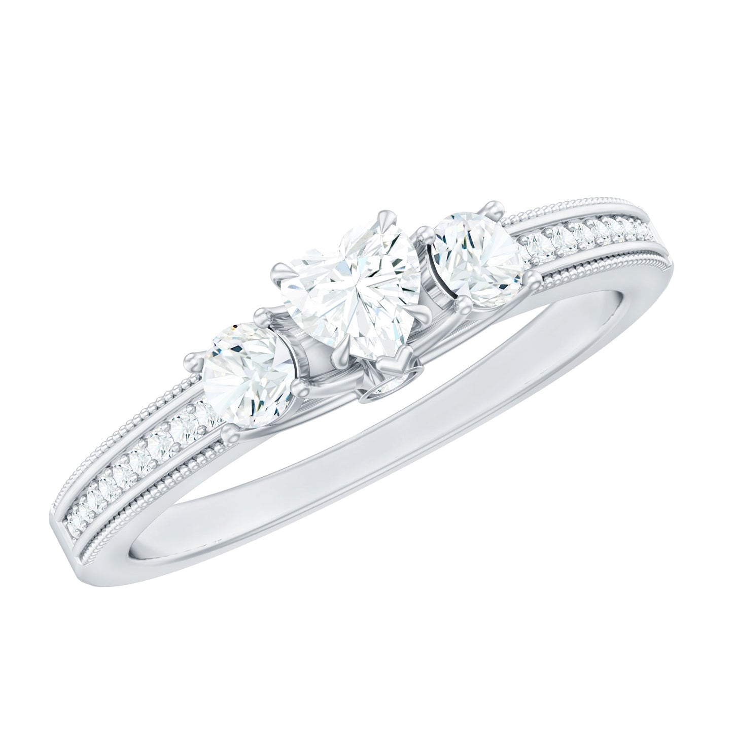 Natural Diamond Three Stone Ring with Beaded Details
