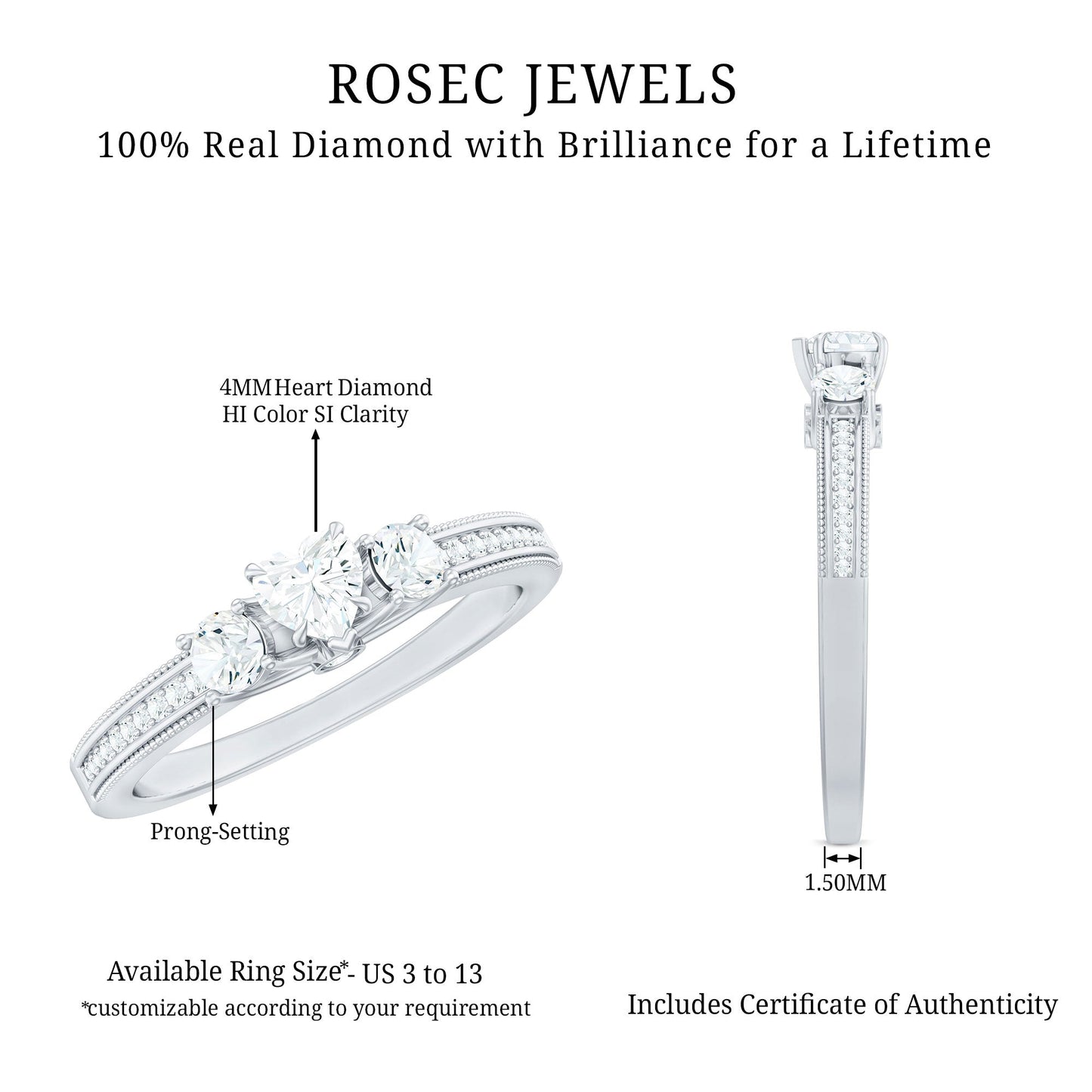 Natural Diamond Three Stone Ring with Beaded Details