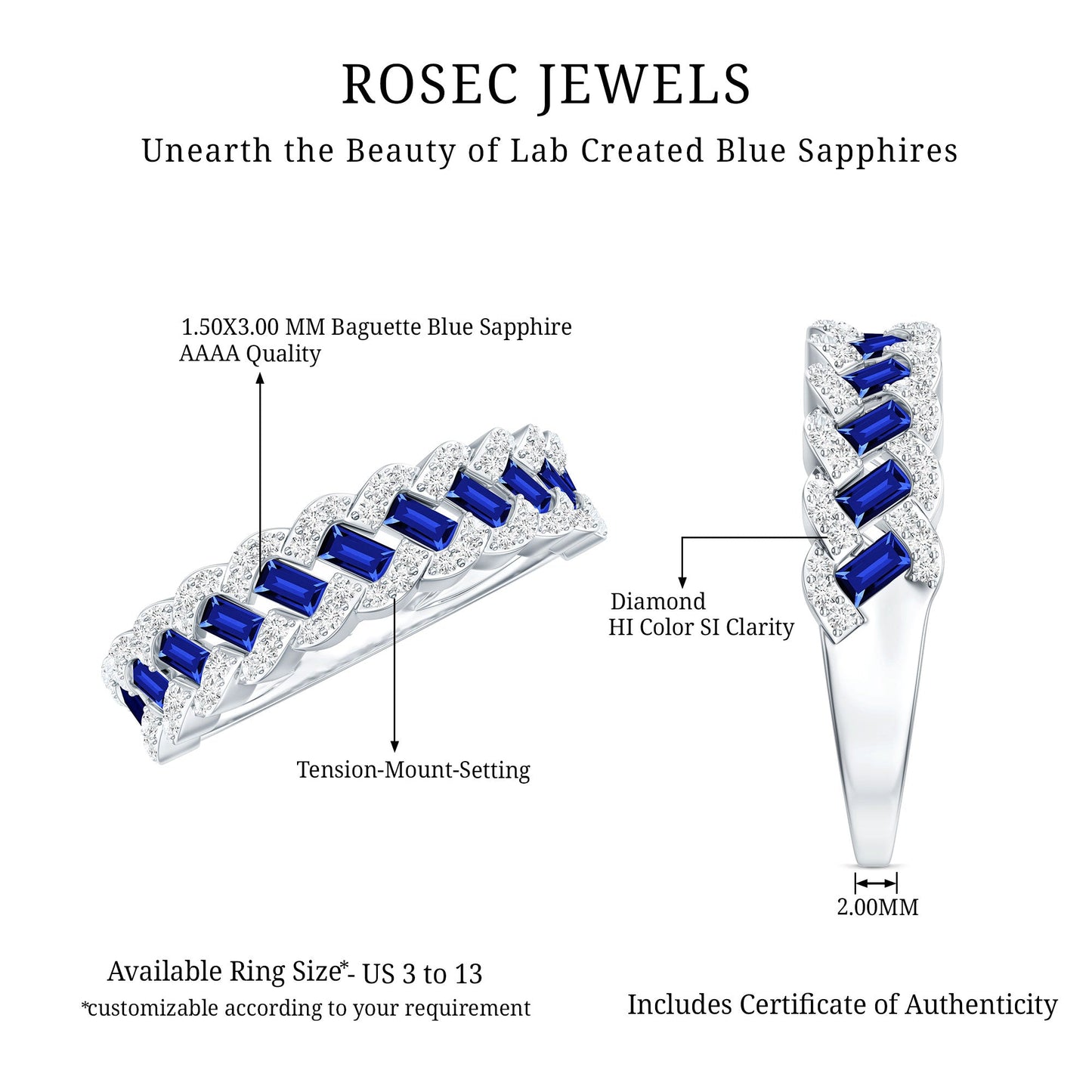 Certified Baguette Lab Grown Blue Sapphire Half Eternity Band with Diamond