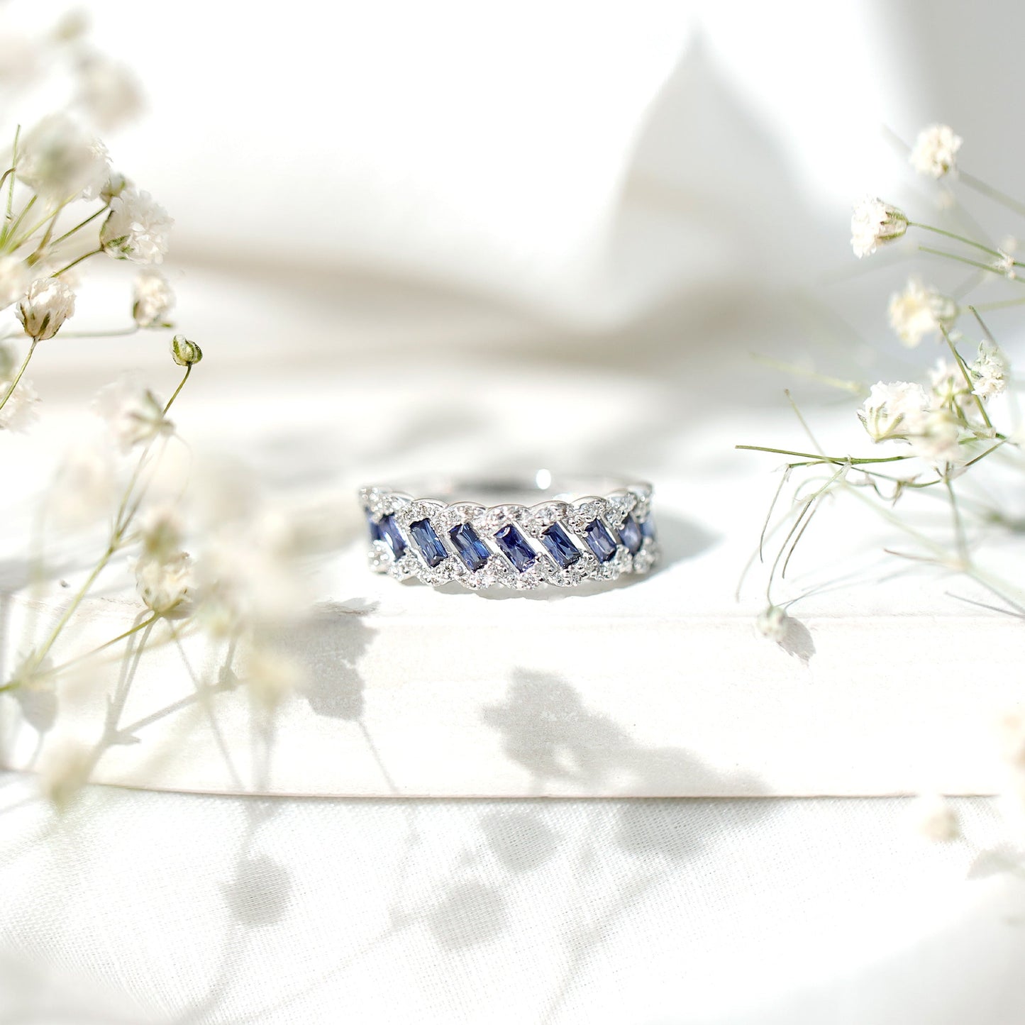 Certified Baguette Lab Grown Blue Sapphire Half Eternity Band with Diamond
