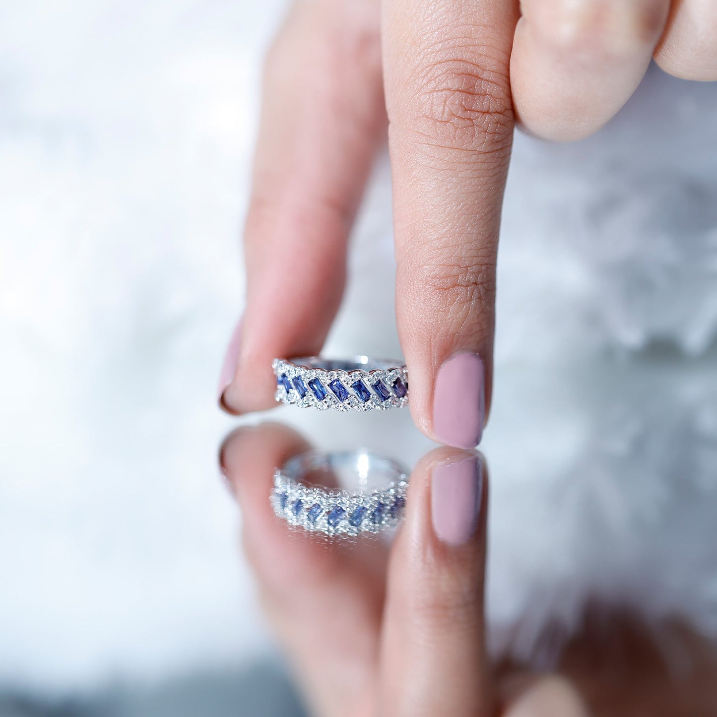Certified Baguette Lab Grown Blue Sapphire Half Eternity Band with Diamond