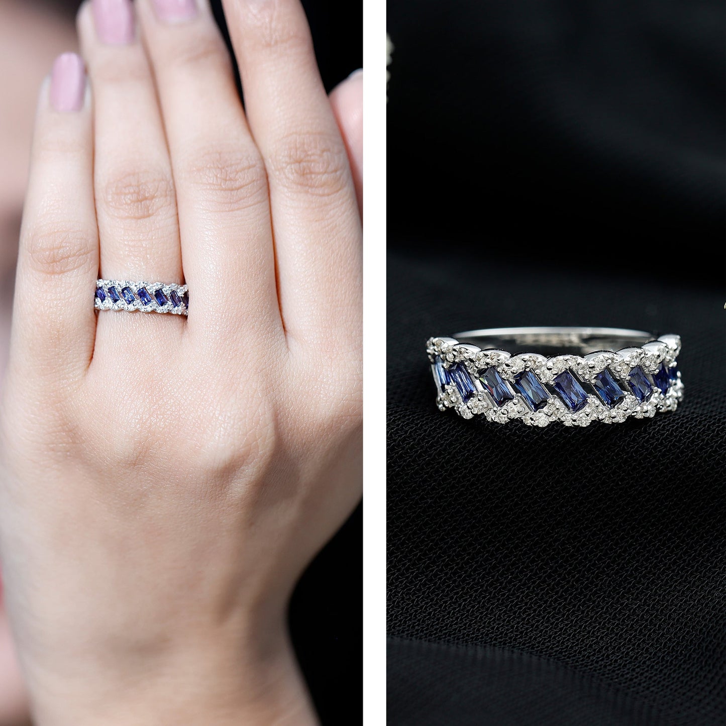 Certified Baguette Lab Grown Blue Sapphire Half Eternity Band with Diamond