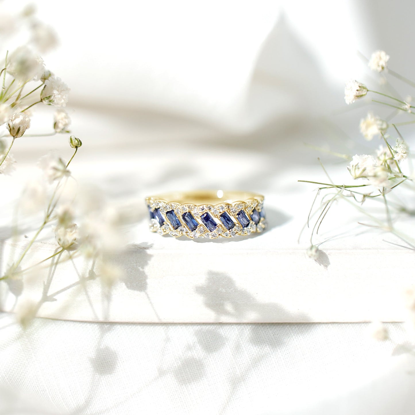 Certified Baguette Lab Grown Blue Sapphire Half Eternity Band with Diamond