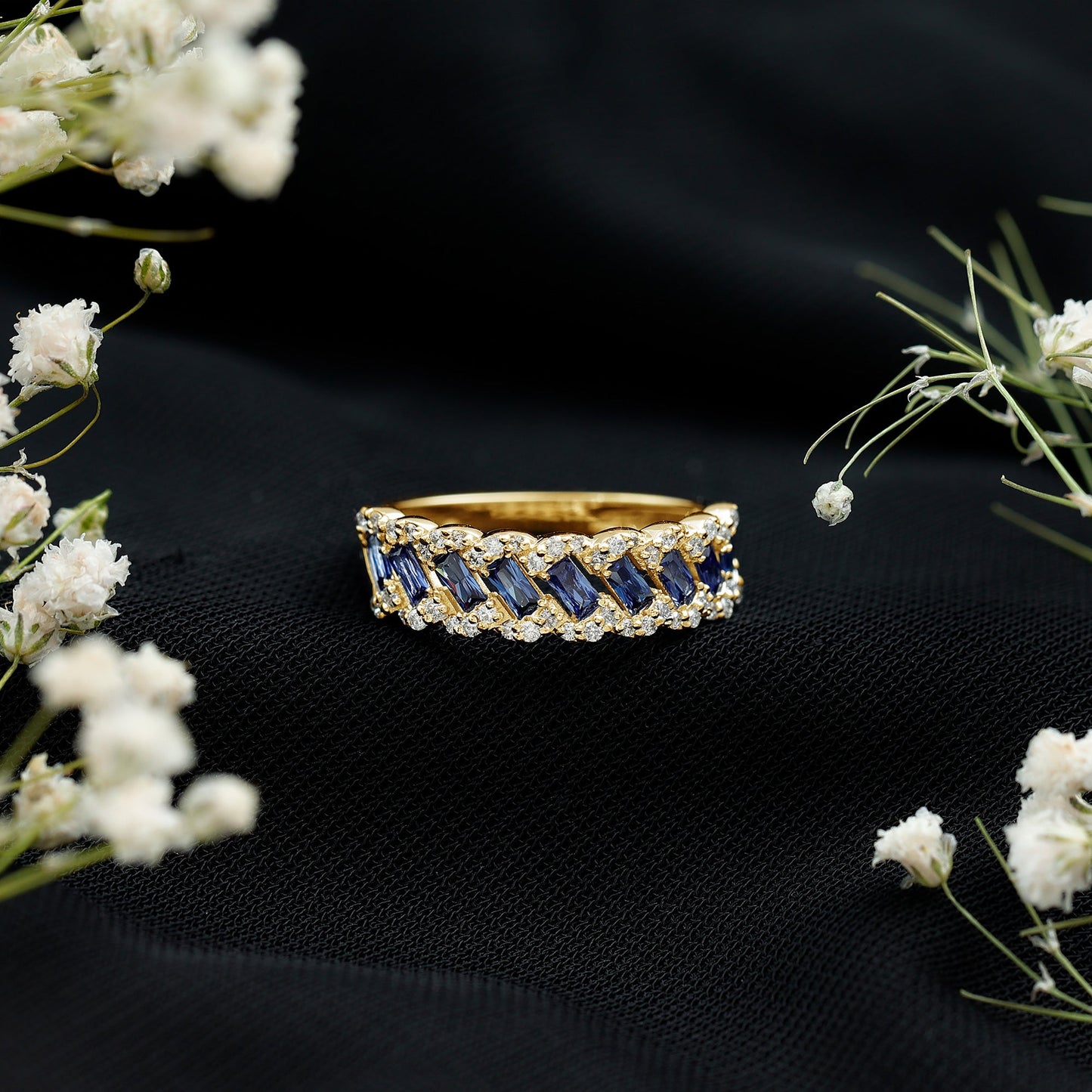 Certified Baguette Lab Grown Blue Sapphire Half Eternity Band with Diamond