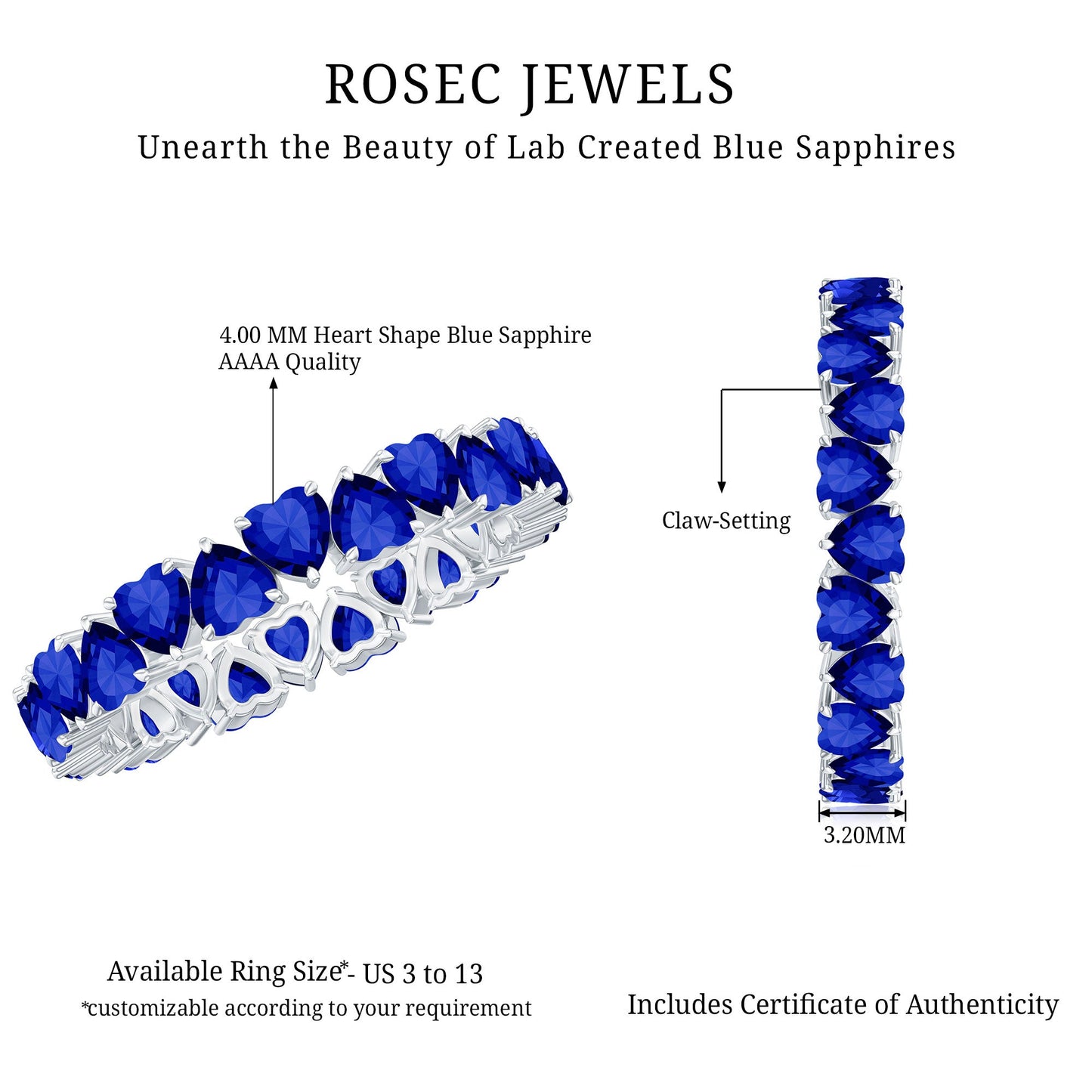 Certified Lab Grown Blue Sapphire Heart Eternity Band for Women