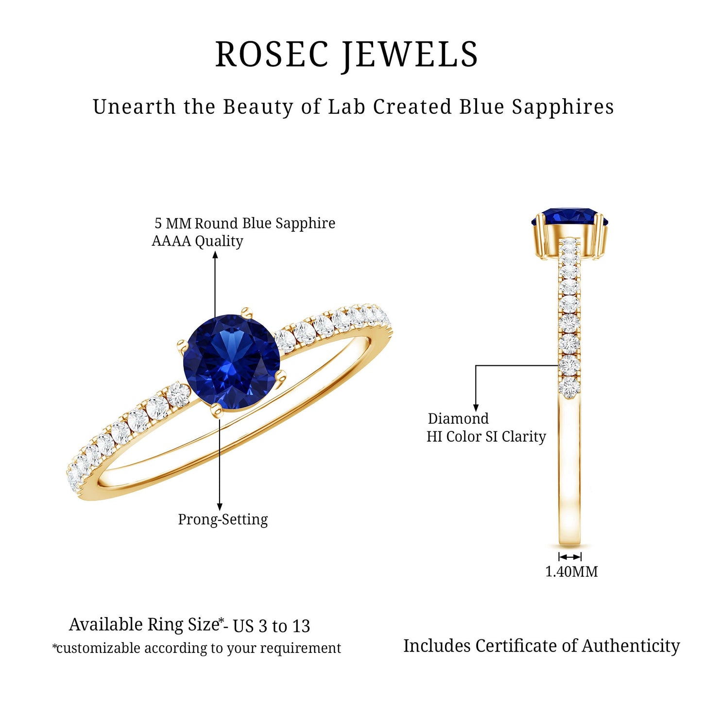 0.6 Carat Lab Created Blue Sapphire Promise Ring with Diamond Side Stones
