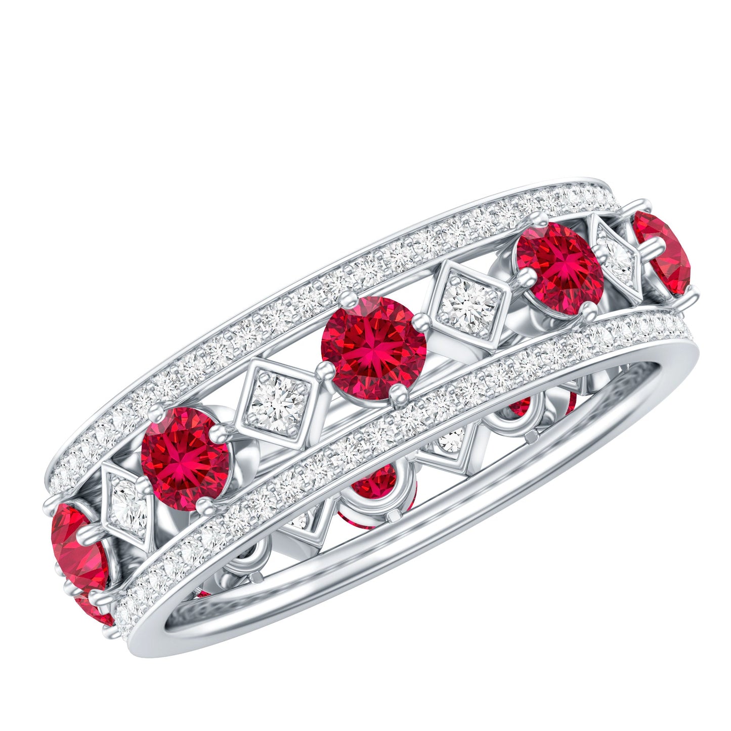 Lab Grown Ruby Vintage Wedding Band Ring With Moissanite