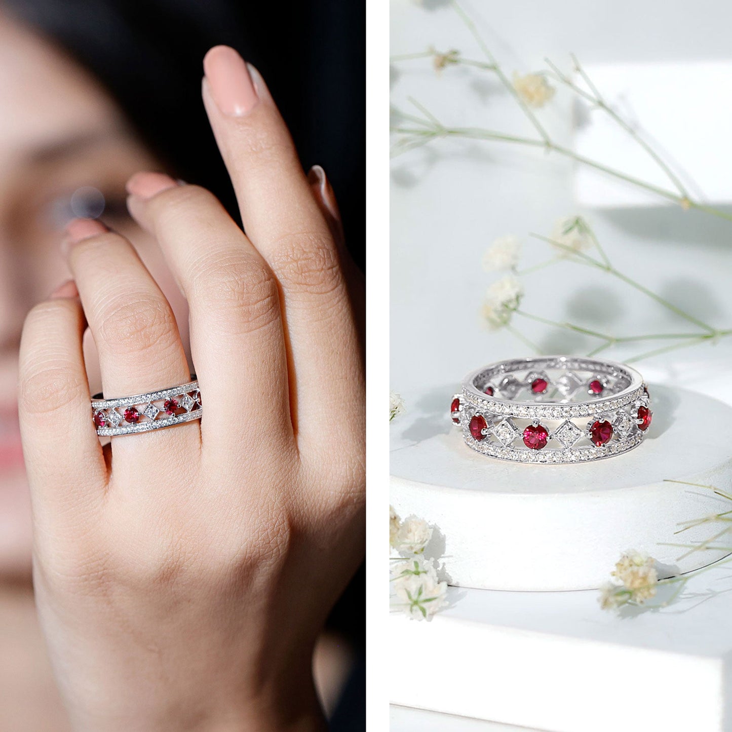 Lab Grown Ruby Vintage Wedding Band Ring With Moissanite
