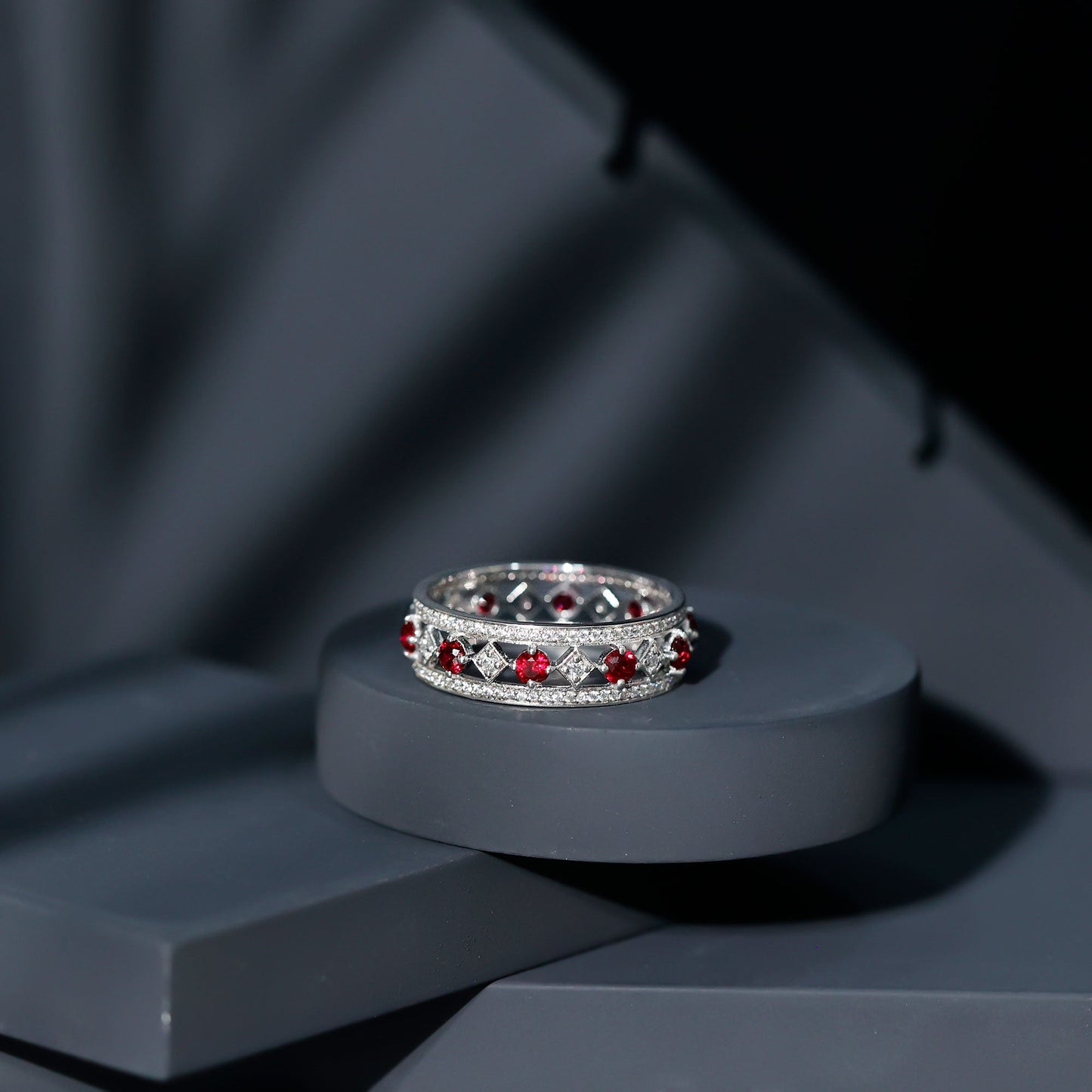 Lab Grown Ruby Vintage Wedding Band Ring With Moissanite