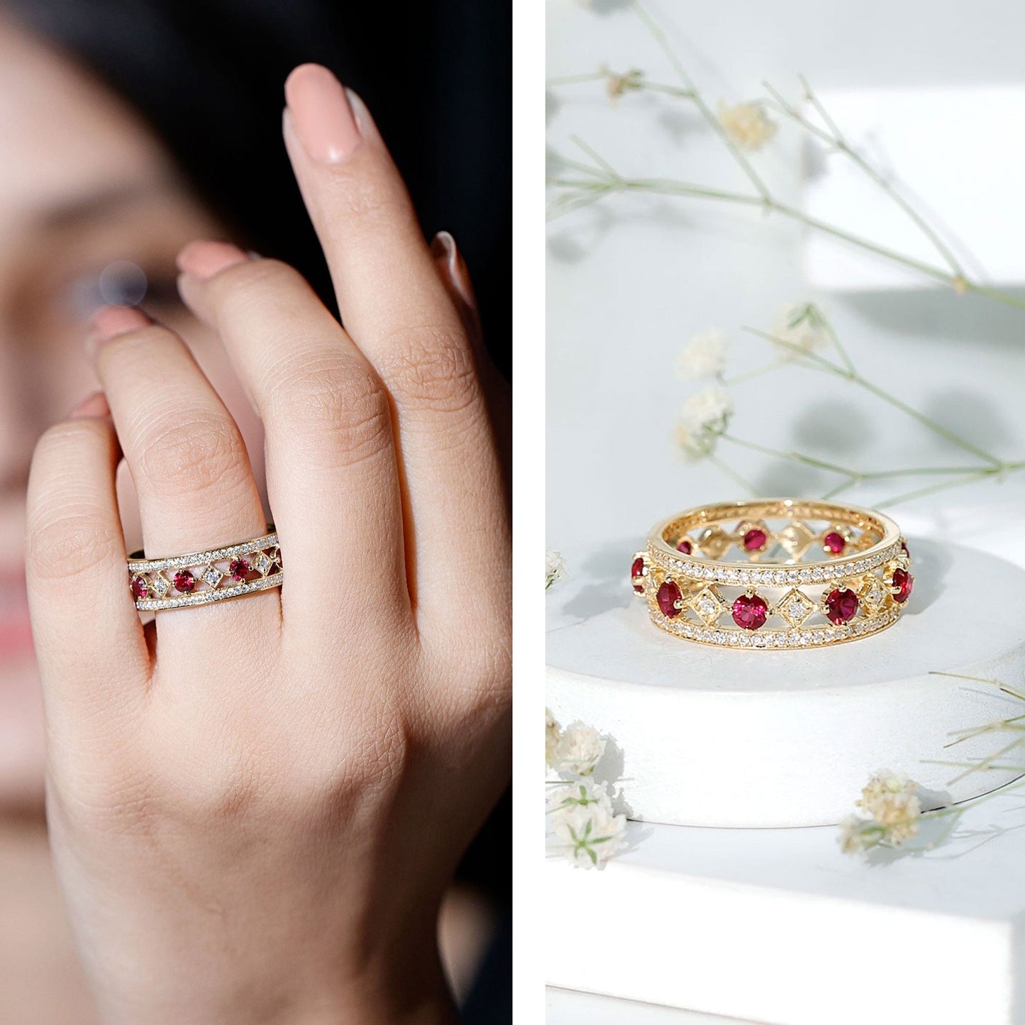 Lab Grown Ruby Vintage Wedding Band Ring With Moissanite