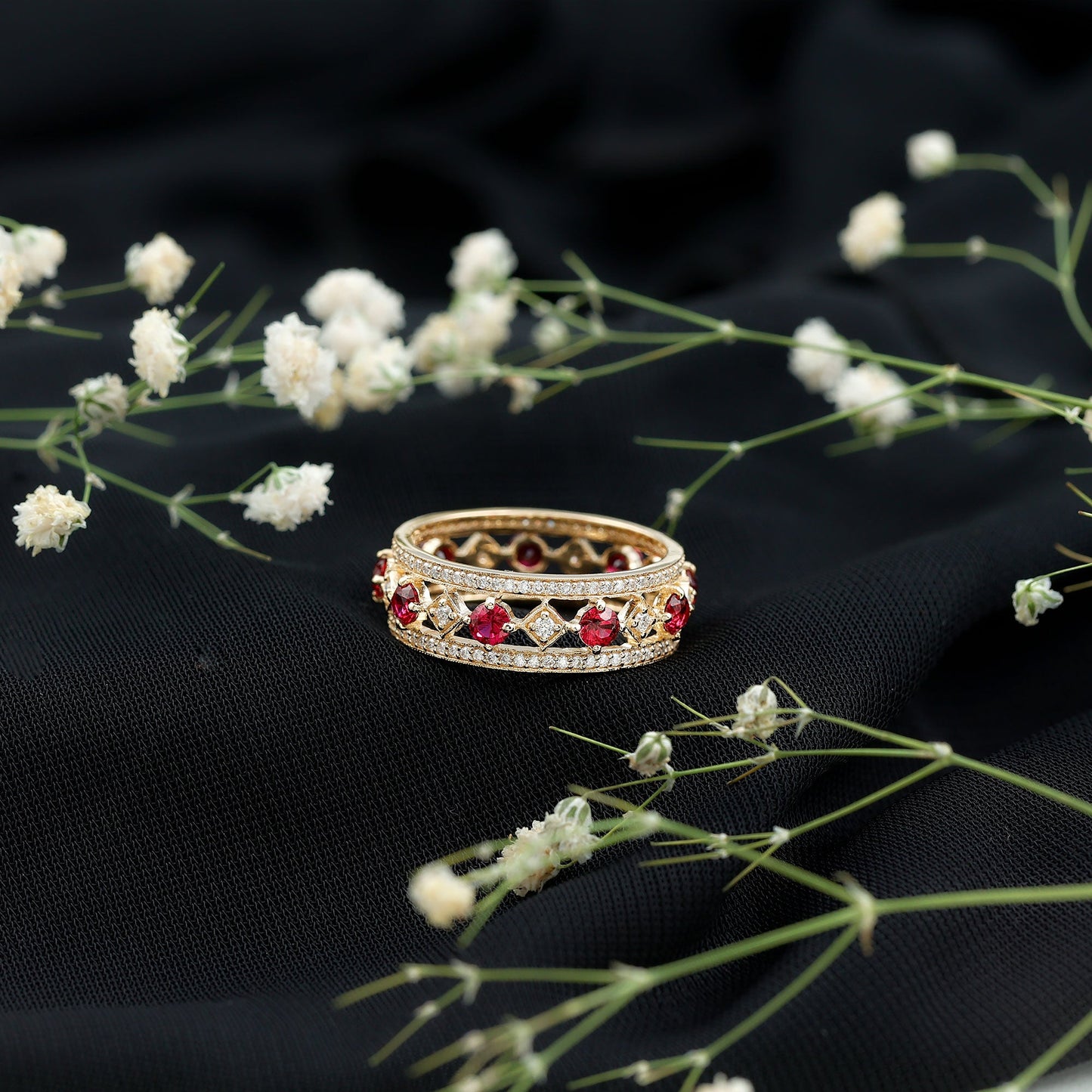 Lab Grown Ruby Vintage Wedding Band Ring With Moissanite