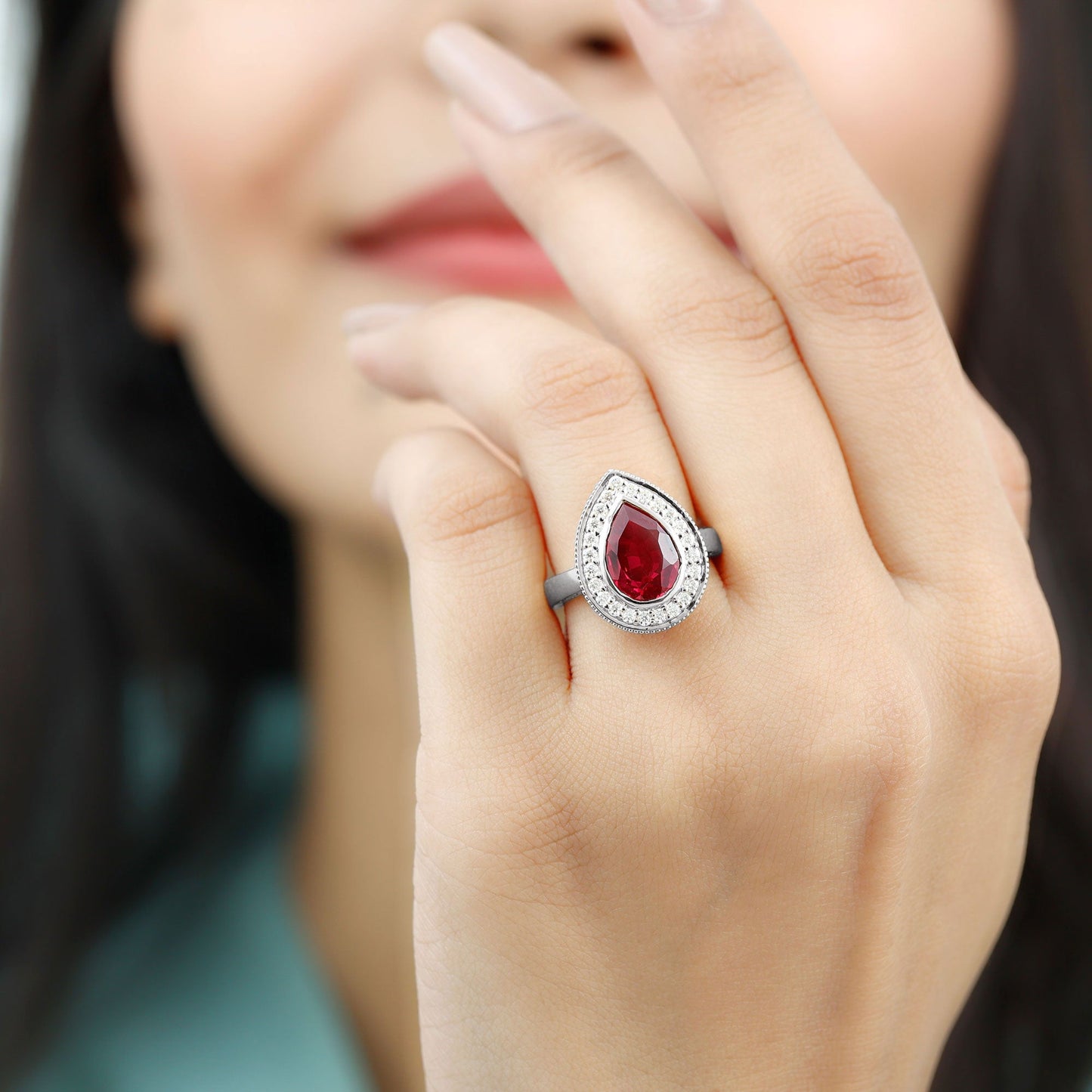 2.9 Carat Lab Created Ruby Teardrop Engagement Ring with Diamond Halo