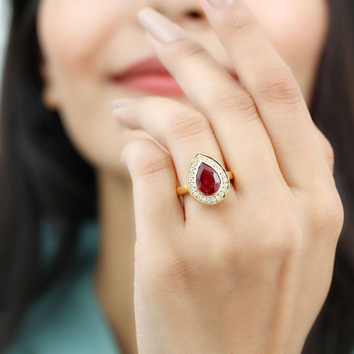 2.9 Carat Lab Created Ruby Teardrop Engagement Ring with Diamond Halo