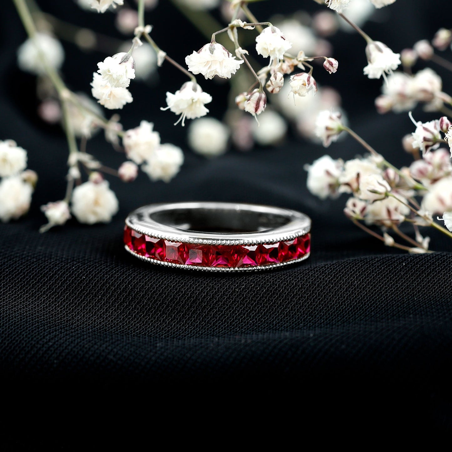 Channel Set Lab Grown Ruby Princess Cut Eternity Band with Milgrain