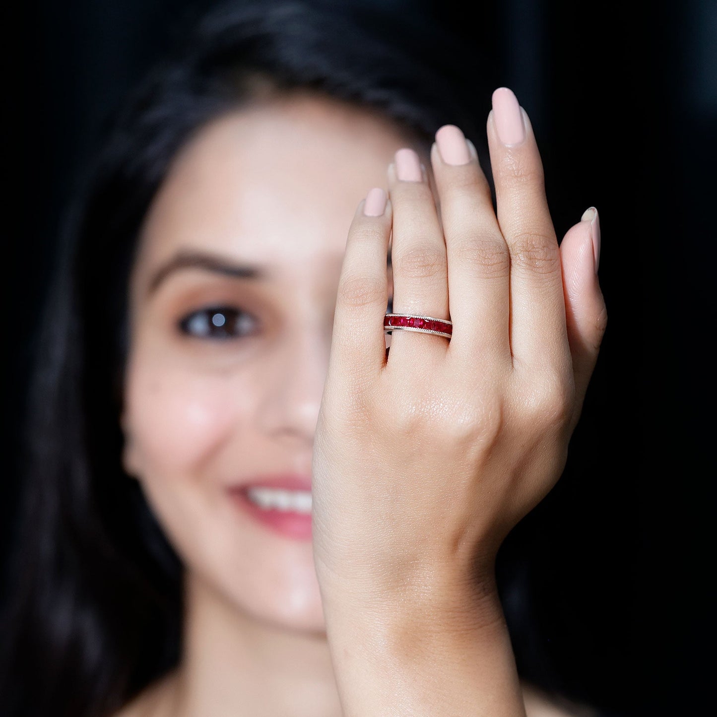 Channel Set Lab Grown Ruby Princess Cut Eternity Band with Milgrain