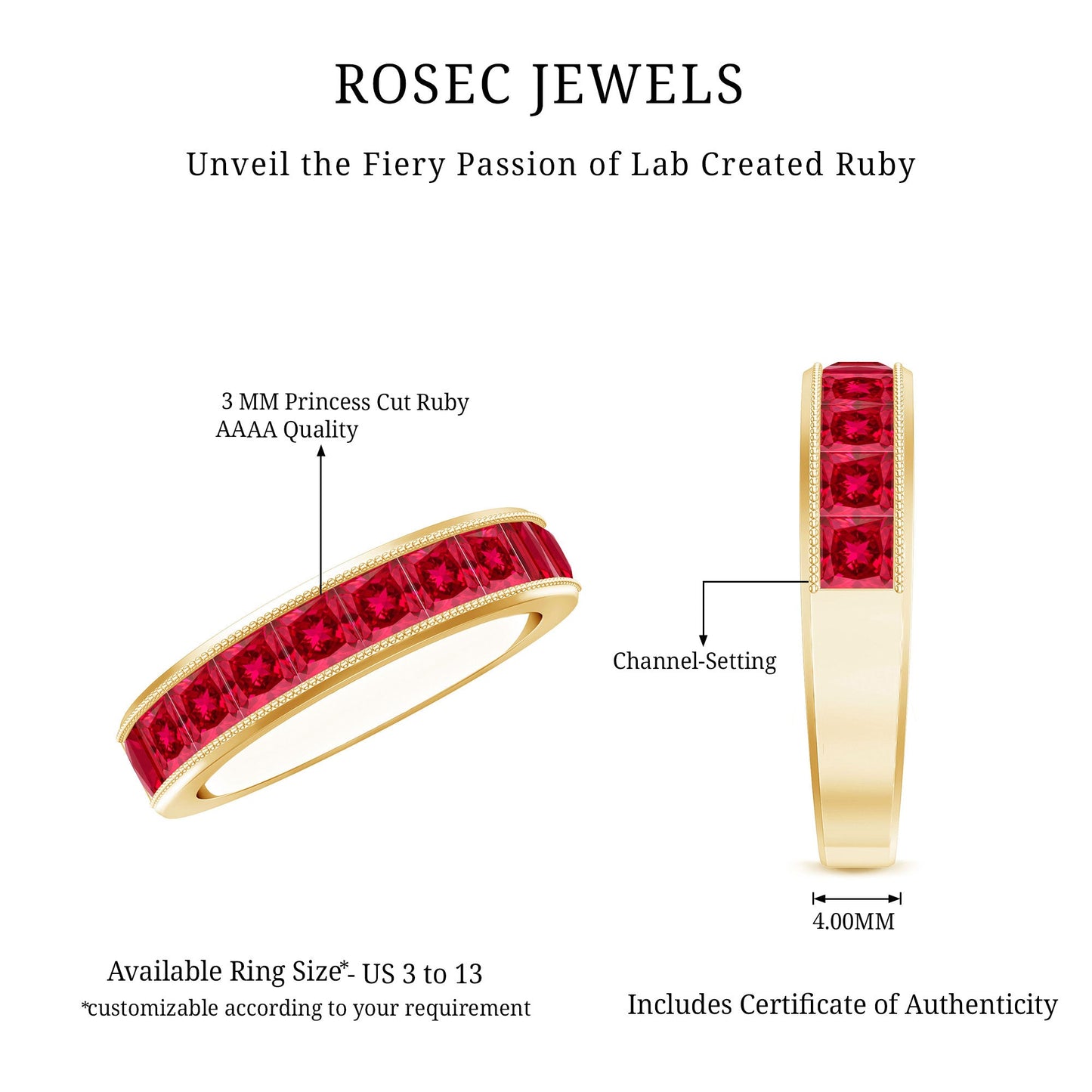Channel Set Lab Grown Ruby Princess Cut Eternity Band with Milgrain