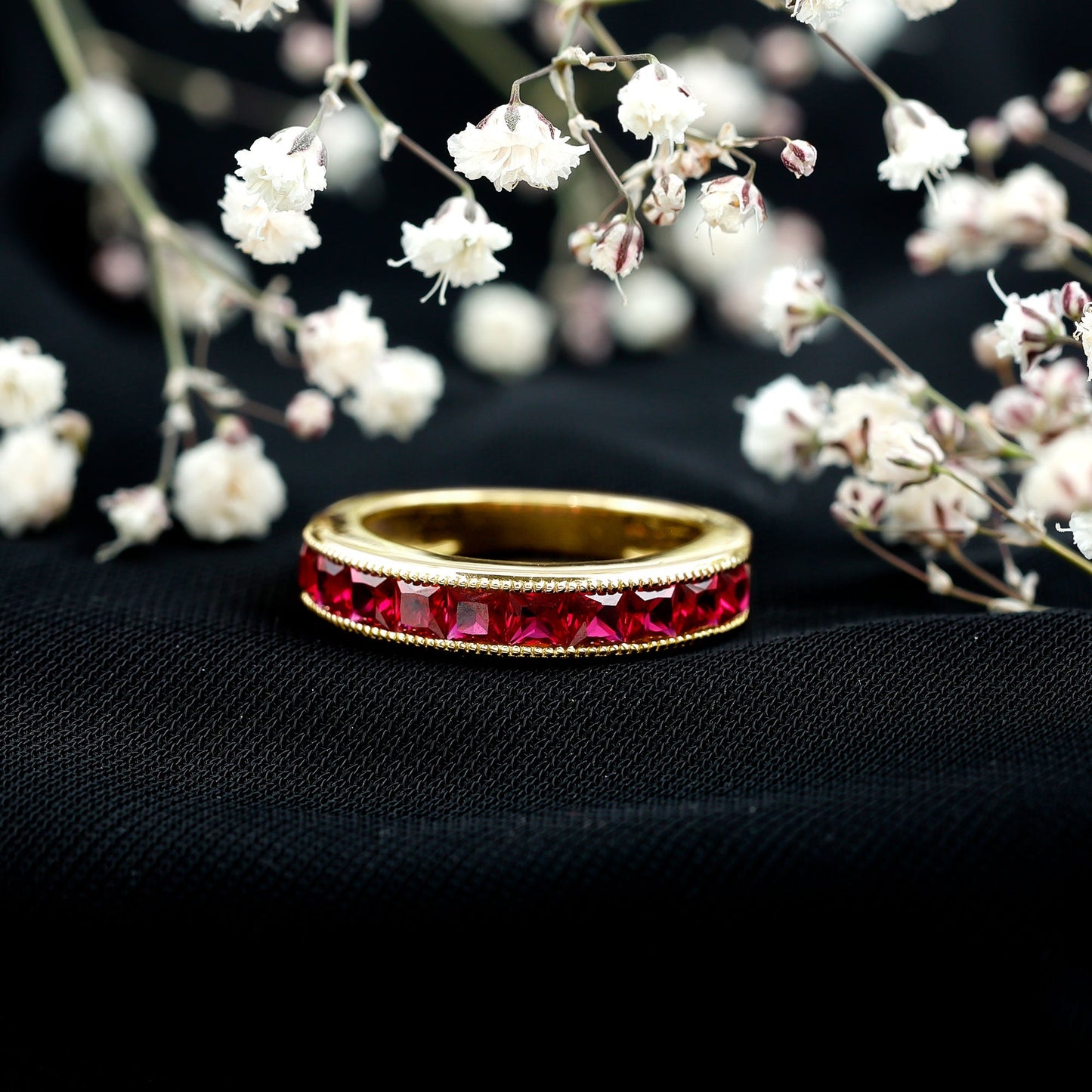 Channel Set Lab Grown Ruby Princess Cut Eternity Band with Milgrain
