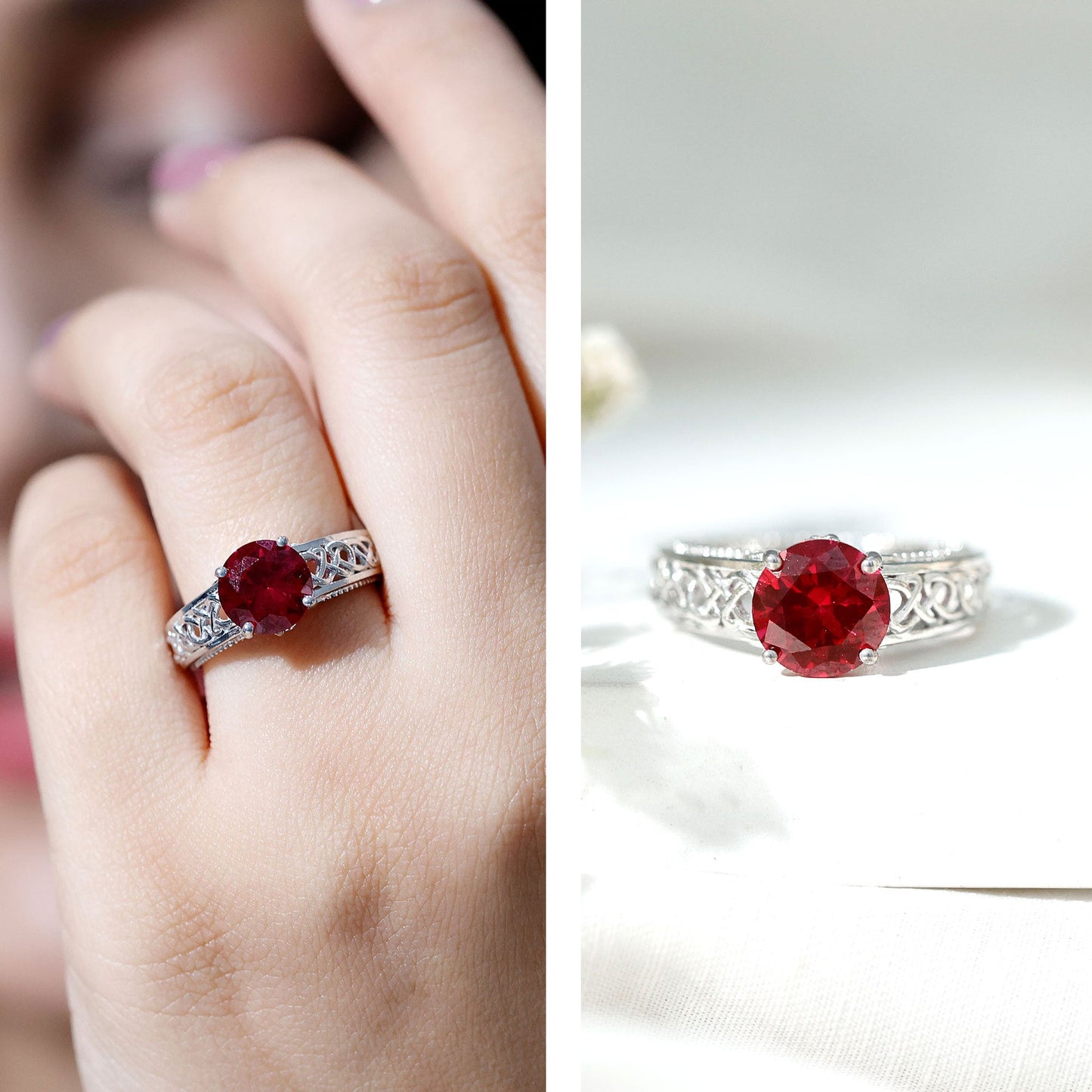 Vintage Style Created Ruby Celtic Knot Band Ring with Surprise Diamond