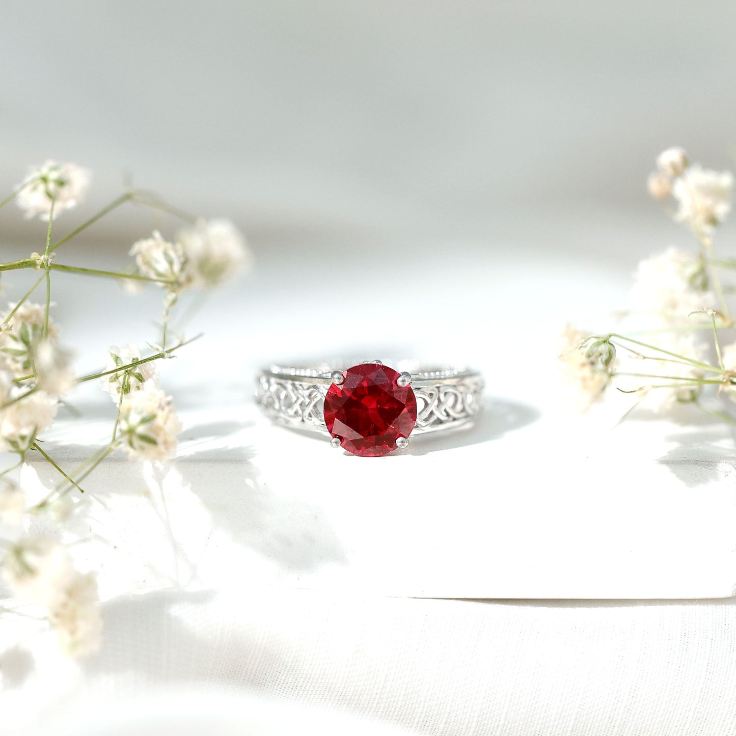 Vintage Style Created Ruby Celtic Knot Band Ring with Surprise Diamond