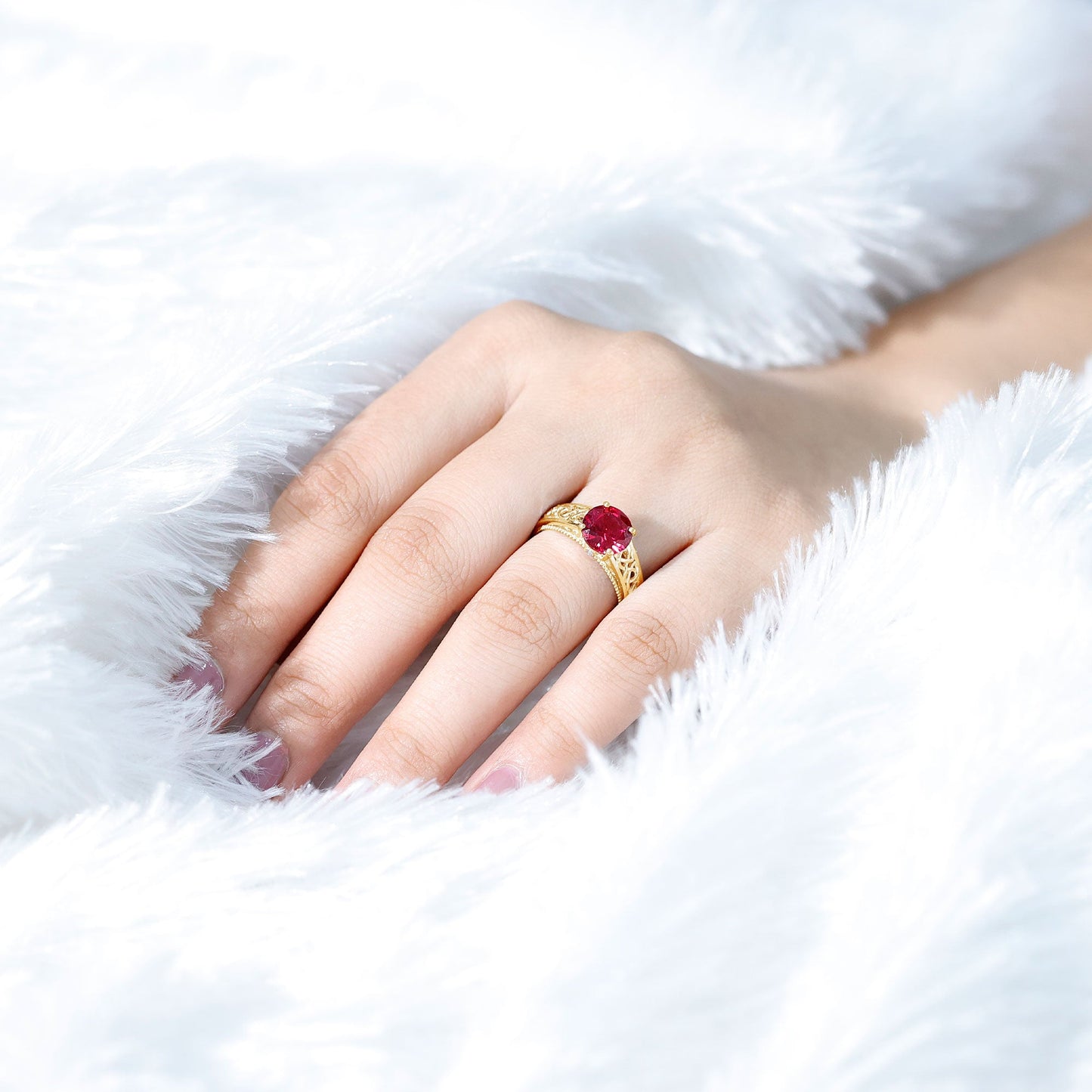 Vintage Style Created Ruby Celtic Knot Band Ring with Surprise Diamond