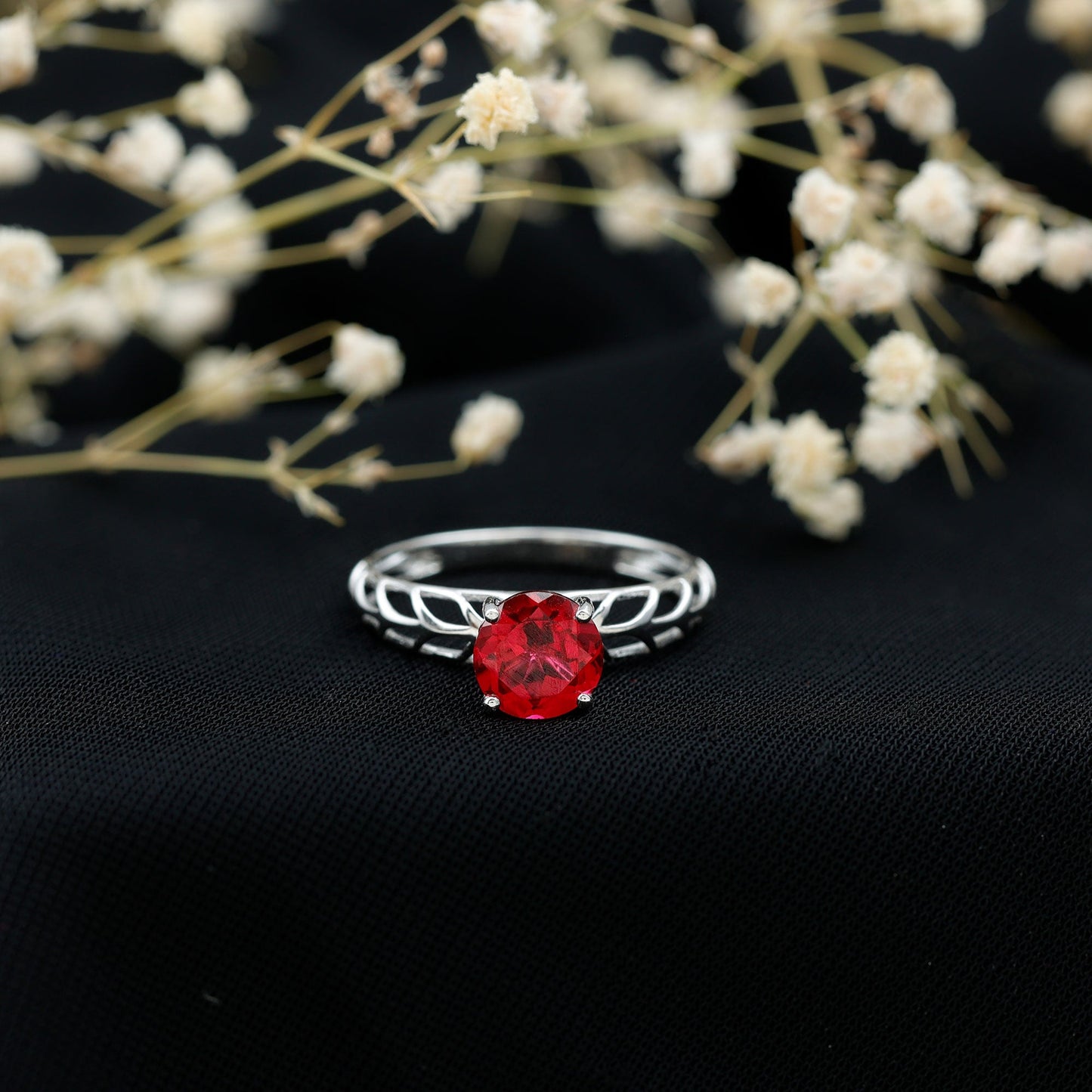 2.3 Carat Lab Created Ruby Solitaire Engagement Ring with Filigree Design