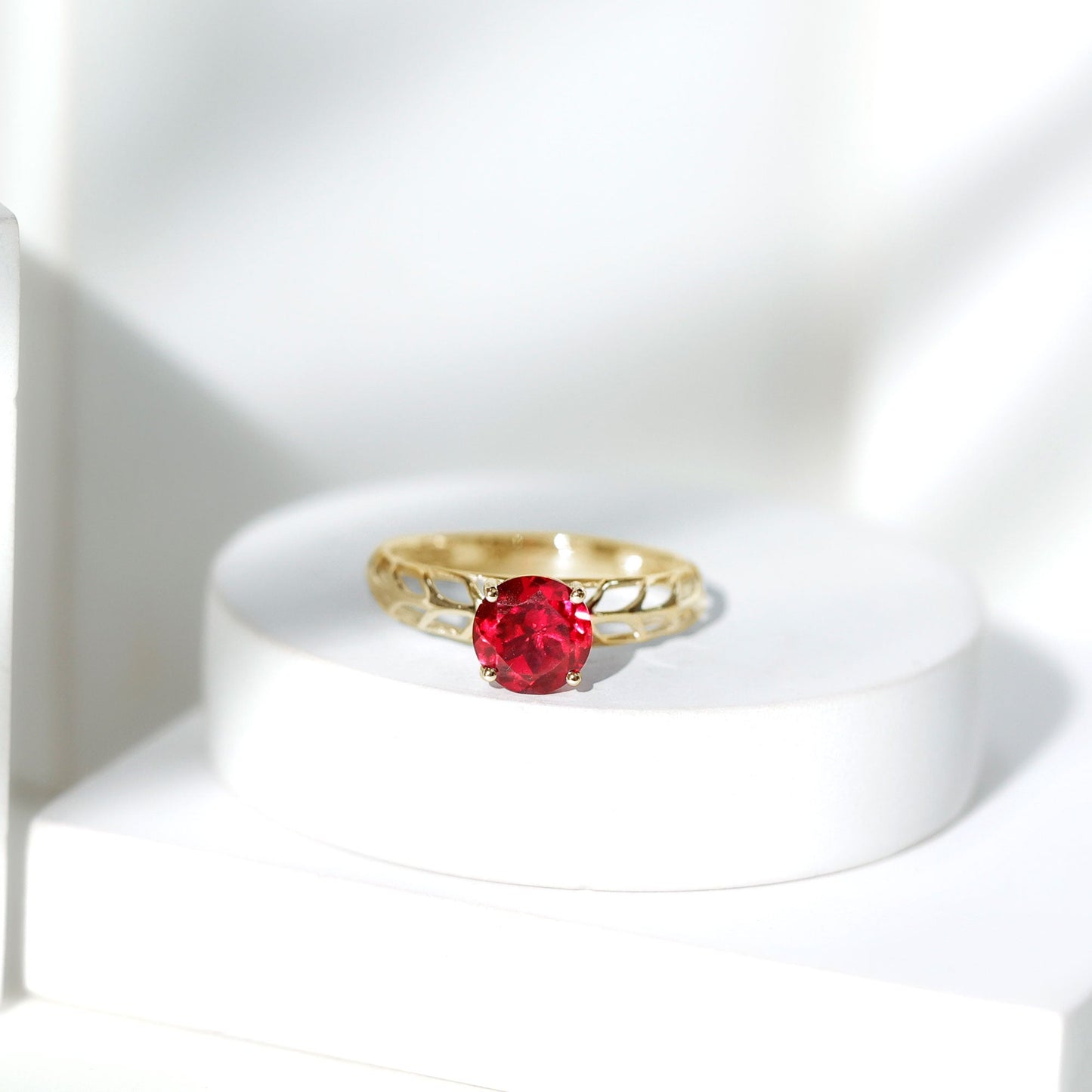 2.3 Carat Lab Created Ruby Solitaire Engagement Ring with Filigree Design