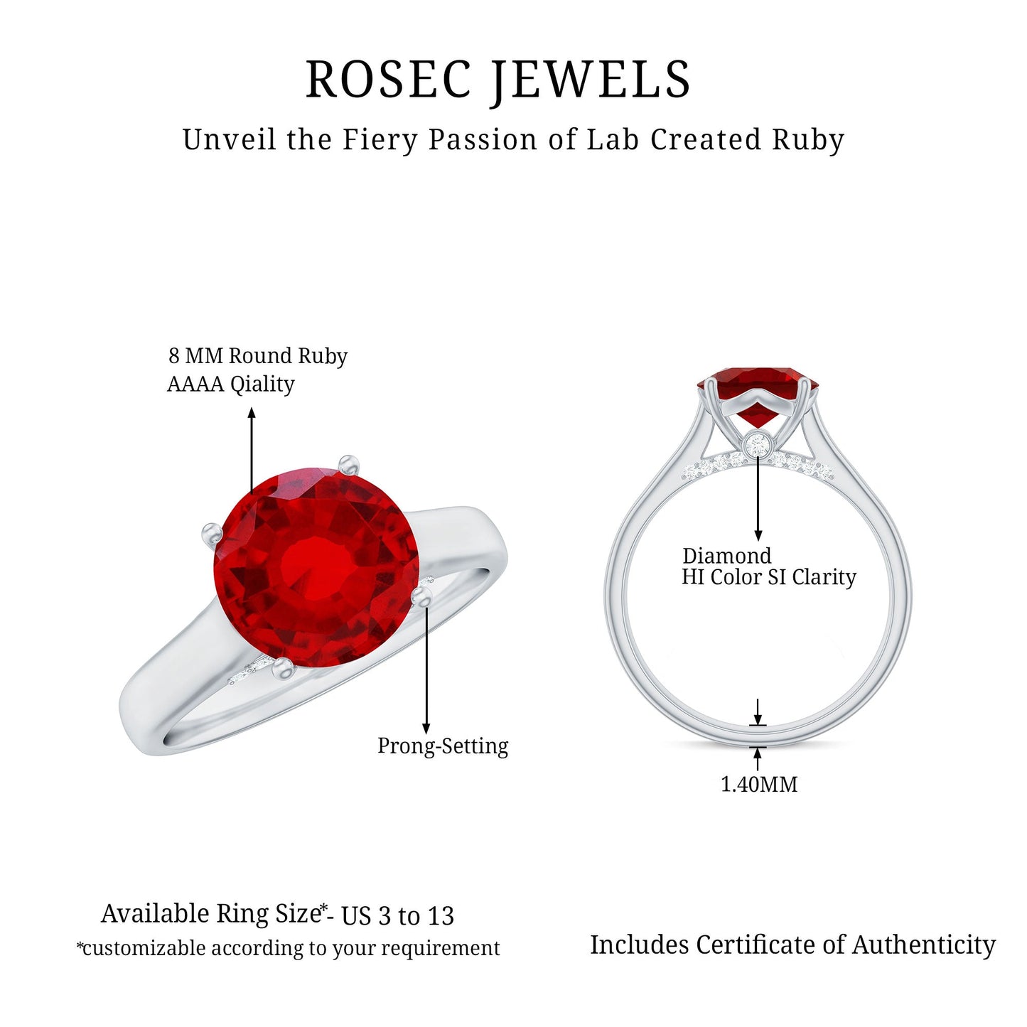 Solitaire 2.3 Carat Lab Created Ruby Engagement Ring with Surprise Diamonds