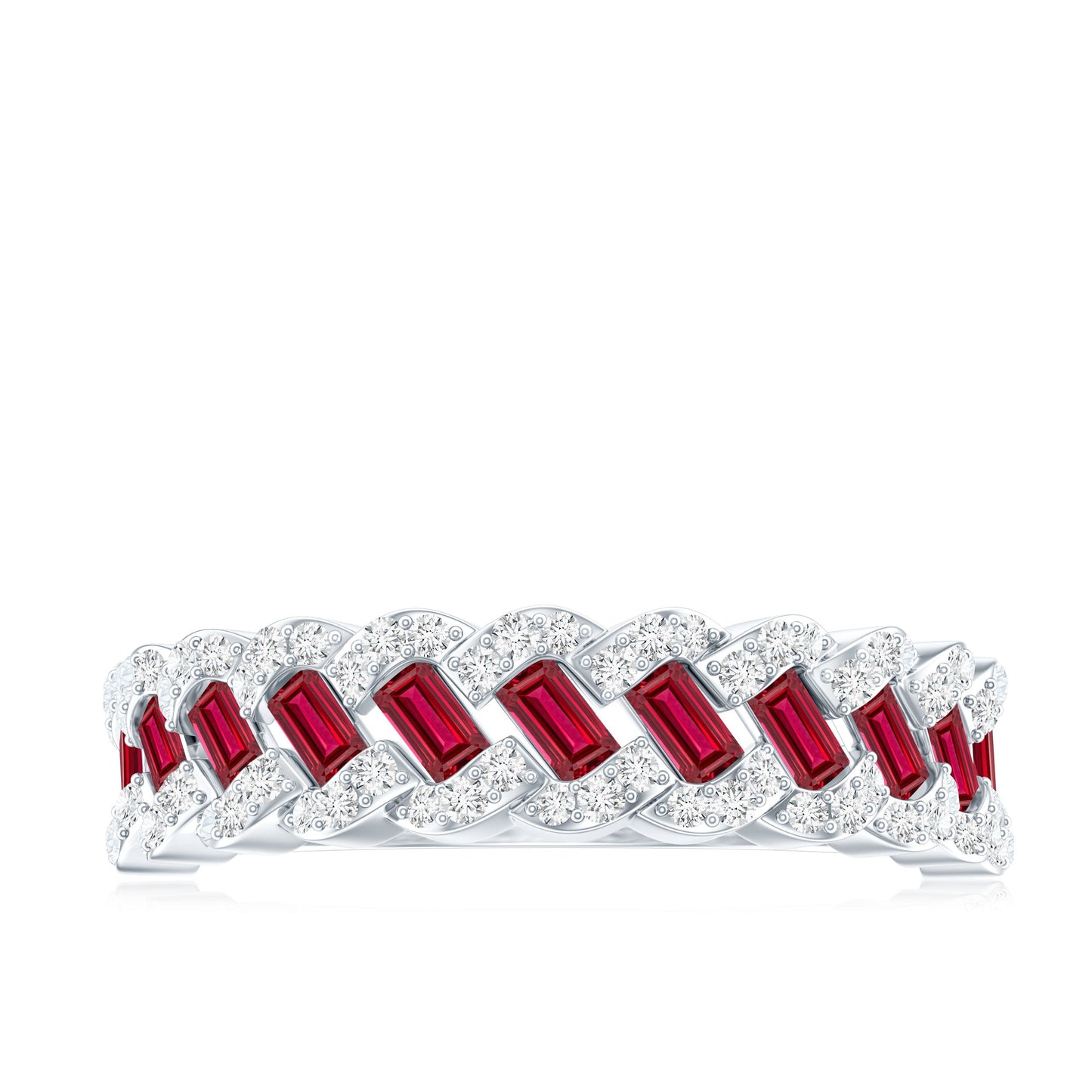 Baguette Created Ruby Braided Eternity Band Ring with Diamond