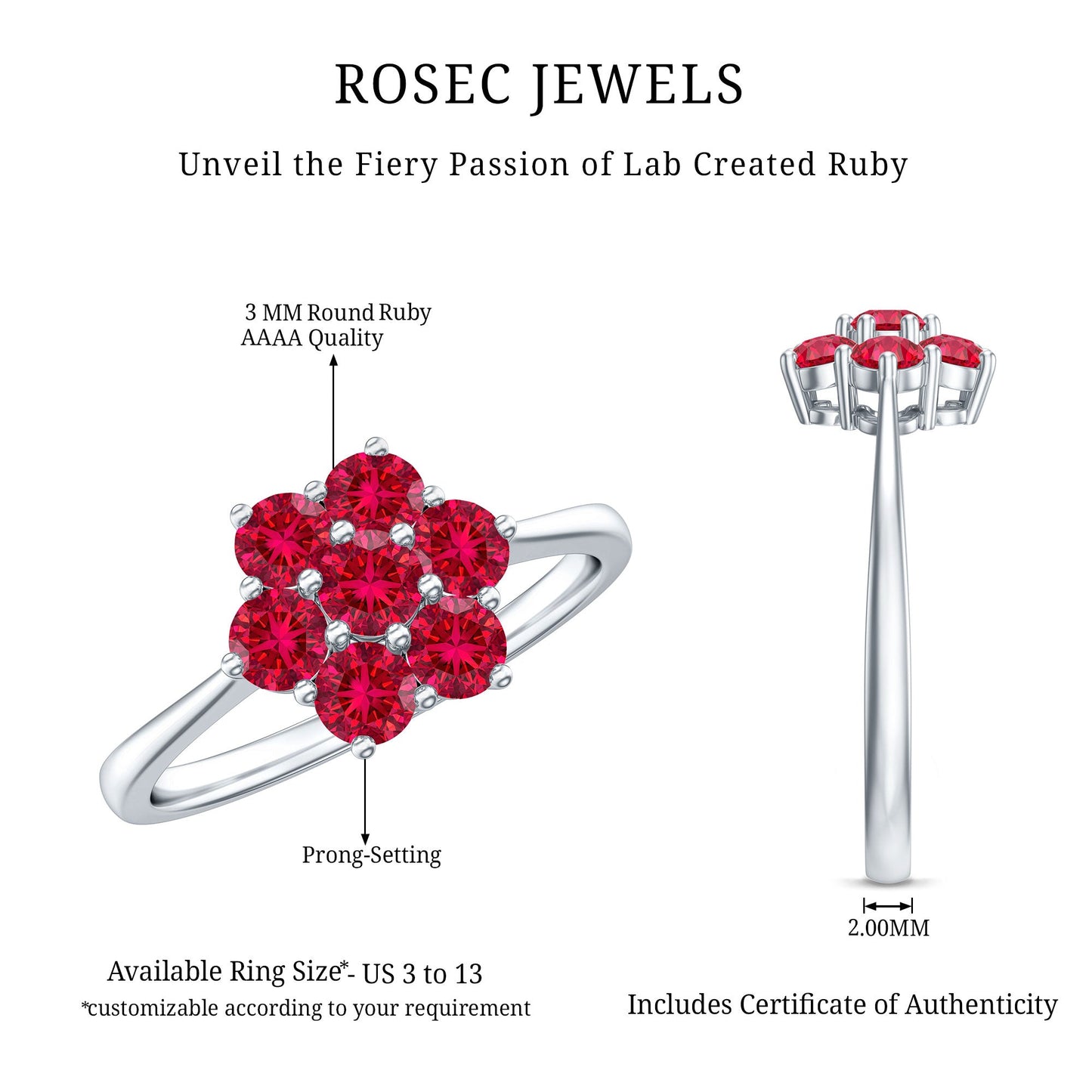 Certified Round Cut Lab Created Ruby Cluster Flower Ring