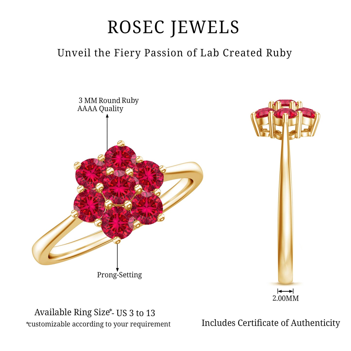 Certified Round Cut Lab Created Ruby Cluster Flower Ring