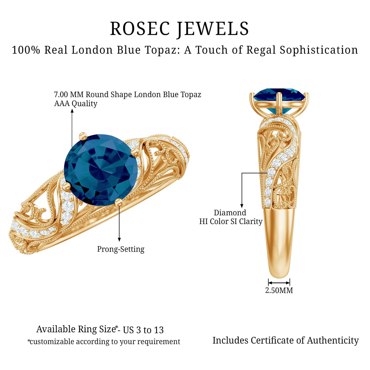 London Blue Topaz and Diamond Vintage Inspired Engagement Ring