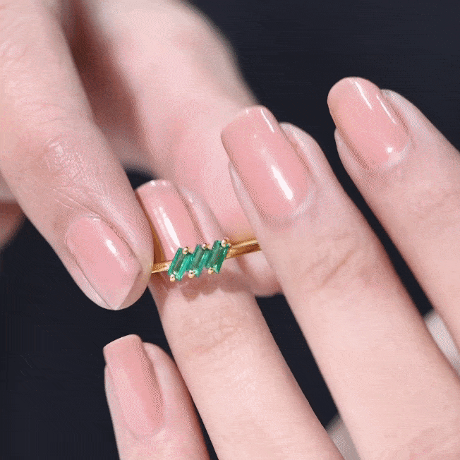 Certified Baguette Lab Grown Emerald 3 Stone Promise Ring