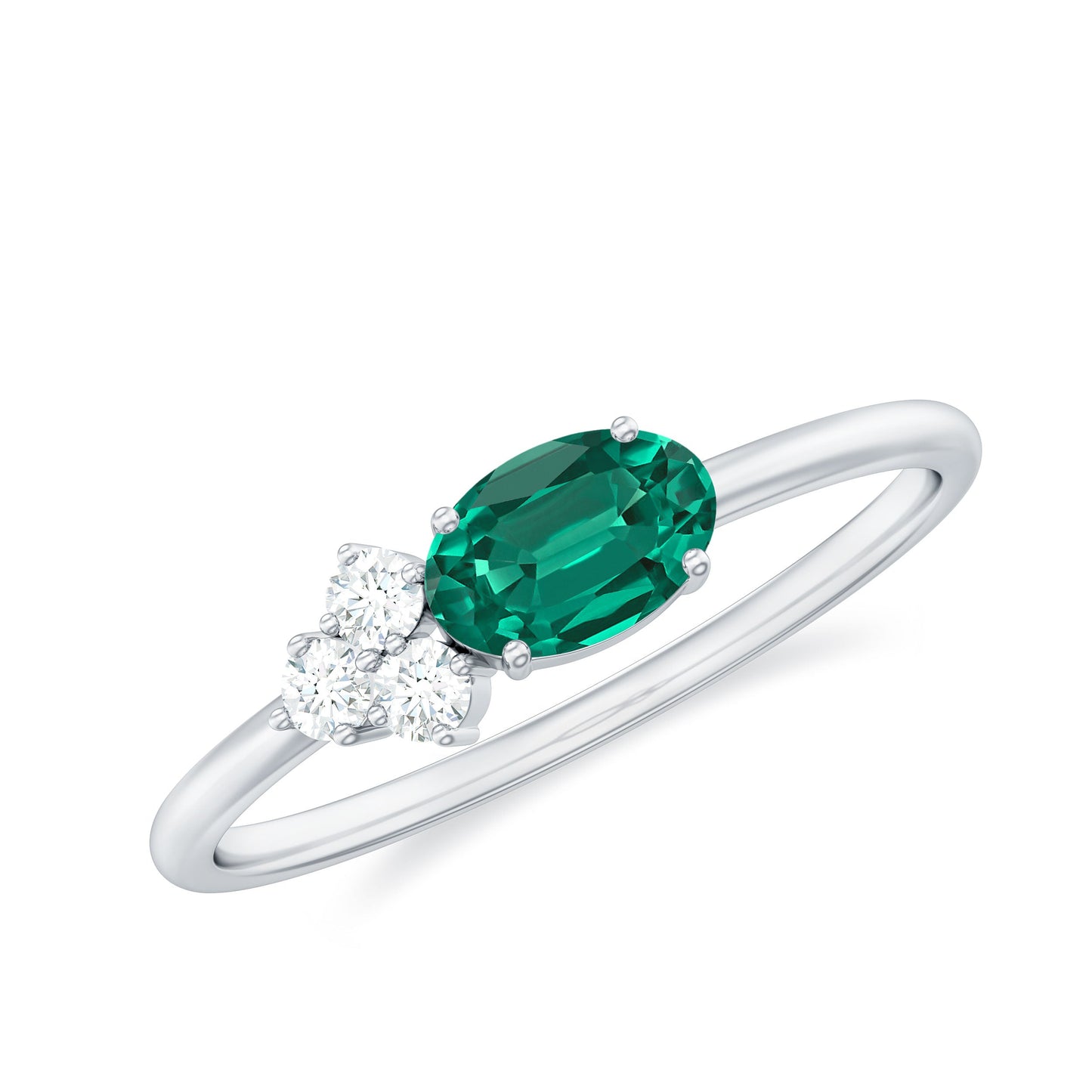 East West Style Oval Lab Grown Emerald Promise Ring with Diamond Trio