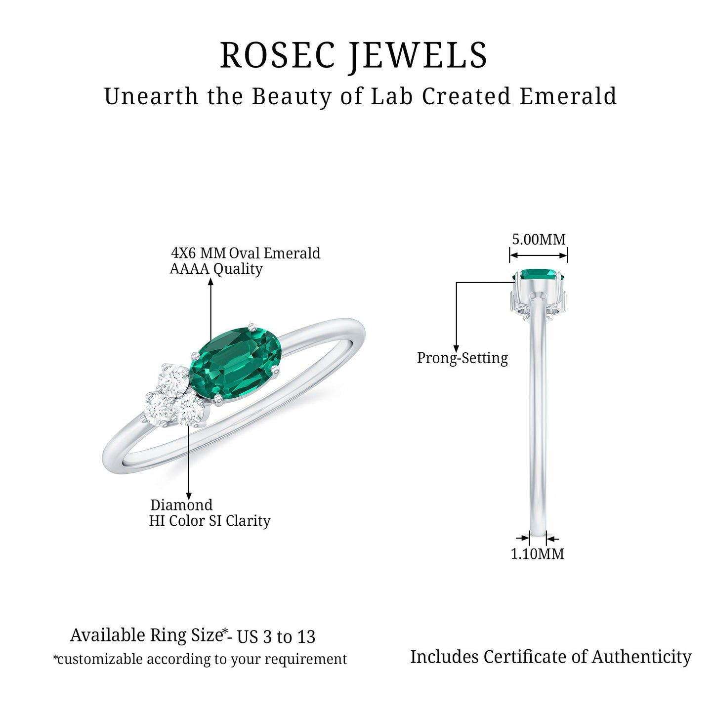 East West Style Oval Lab Grown Emerald Promise Ring with Diamond Trio