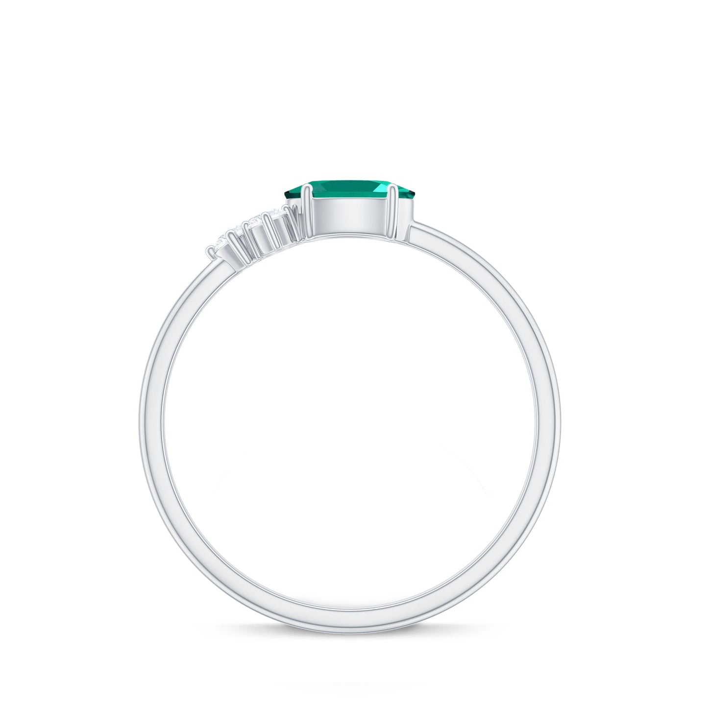 East West Style Oval Lab Grown Emerald Promise Ring with Diamond Trio