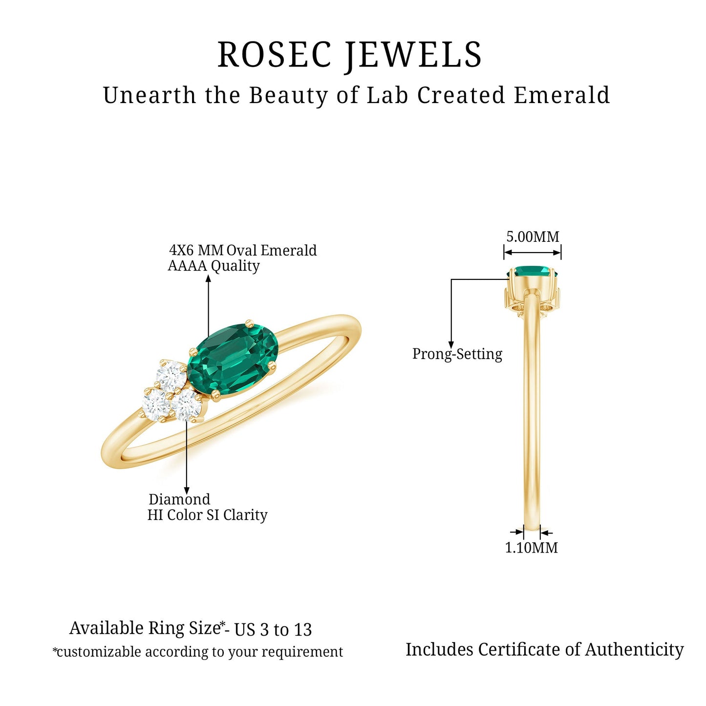 East West Style Oval Lab Grown Emerald Promise Ring with Diamond Trio