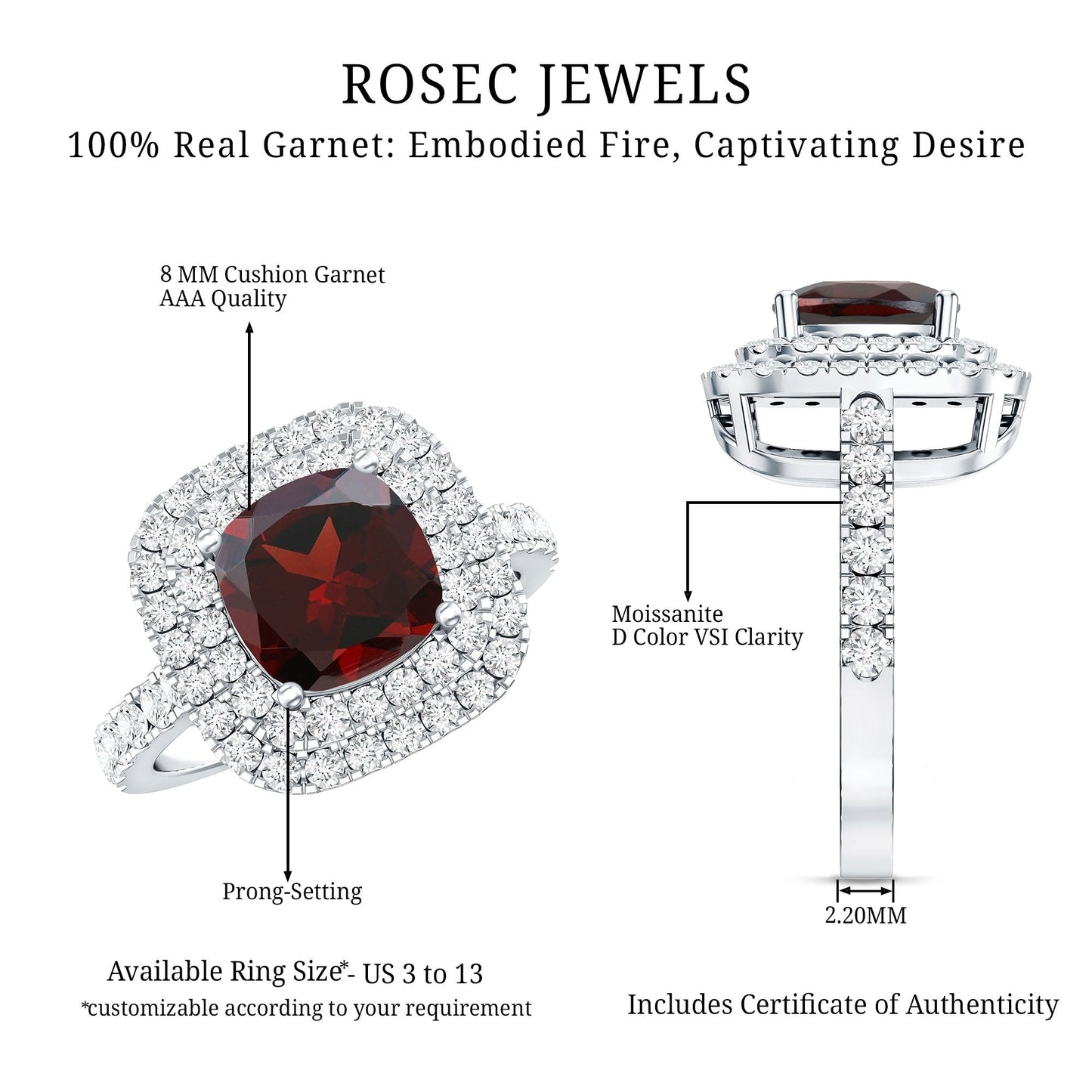 Natural Garnet Double Halo Engagement Ring with Moissanite