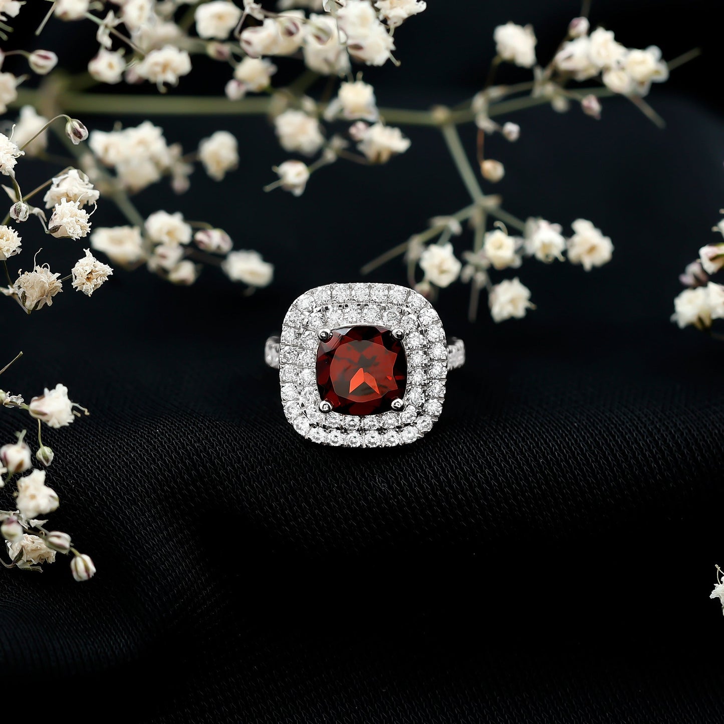 Natural Garnet Double Halo Engagement Ring with Moissanite