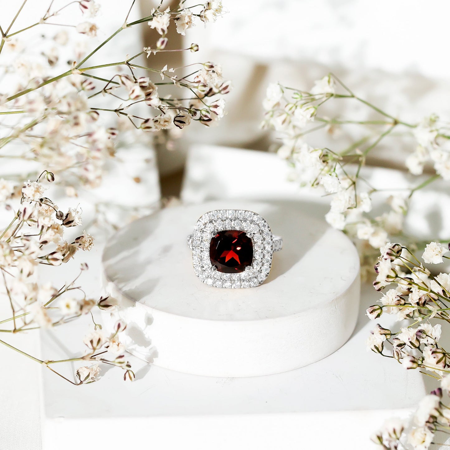 Natural Garnet Double Halo Engagement Ring with Moissanite