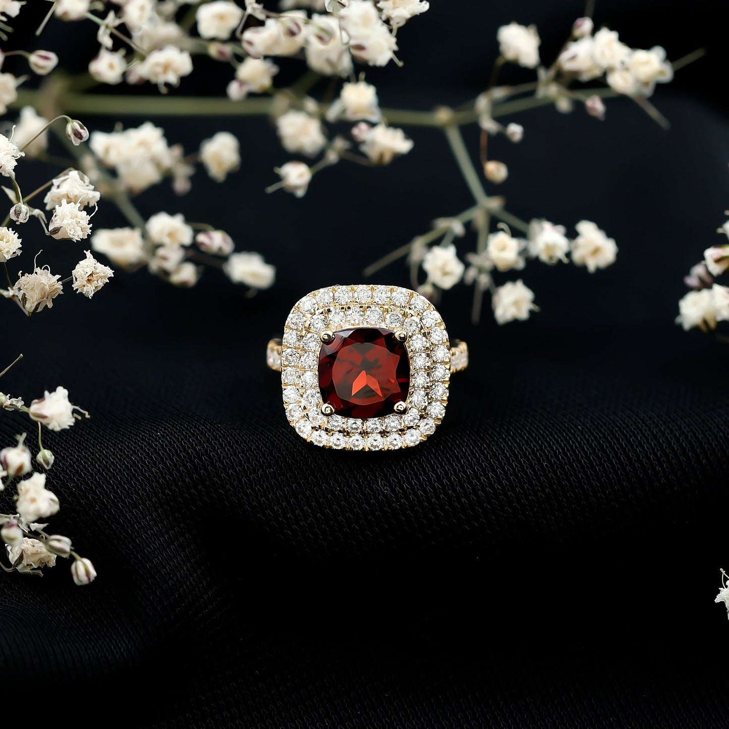 Natural Garnet Double Halo Engagement Ring with Moissanite